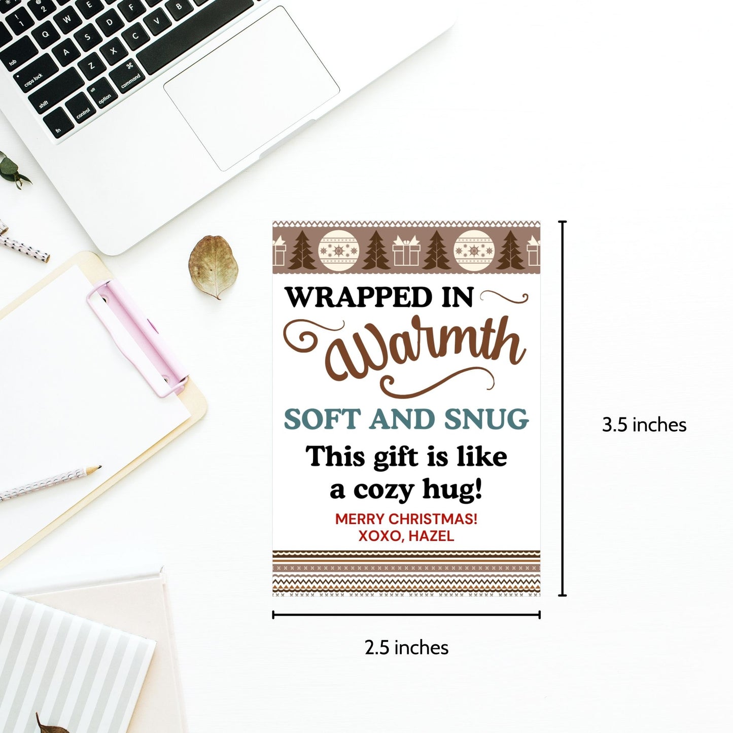 Printable "Wrapped in Warmth" gift tags designed for blankets and cozy gifts. Perfect for personalized or homemade blankets. Includes printable PDF and editable Canva template.