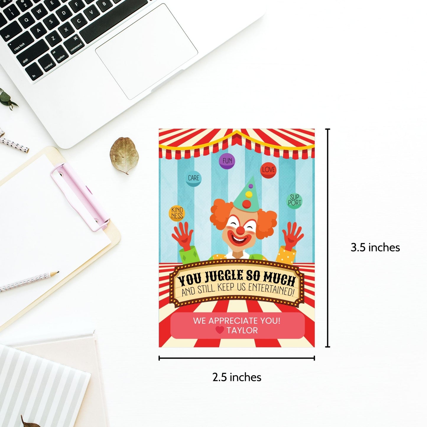 Circus-themed teacher appreciation gift tags, featuring a juggling clown with the message "You Juggle So Much and Still Keep Us Entertained!", sized 2.5 x 3.5 inches, laid out 8 per sheet on an 8.5 x 11-inch printable page. Includes editable Canva template for personalization.