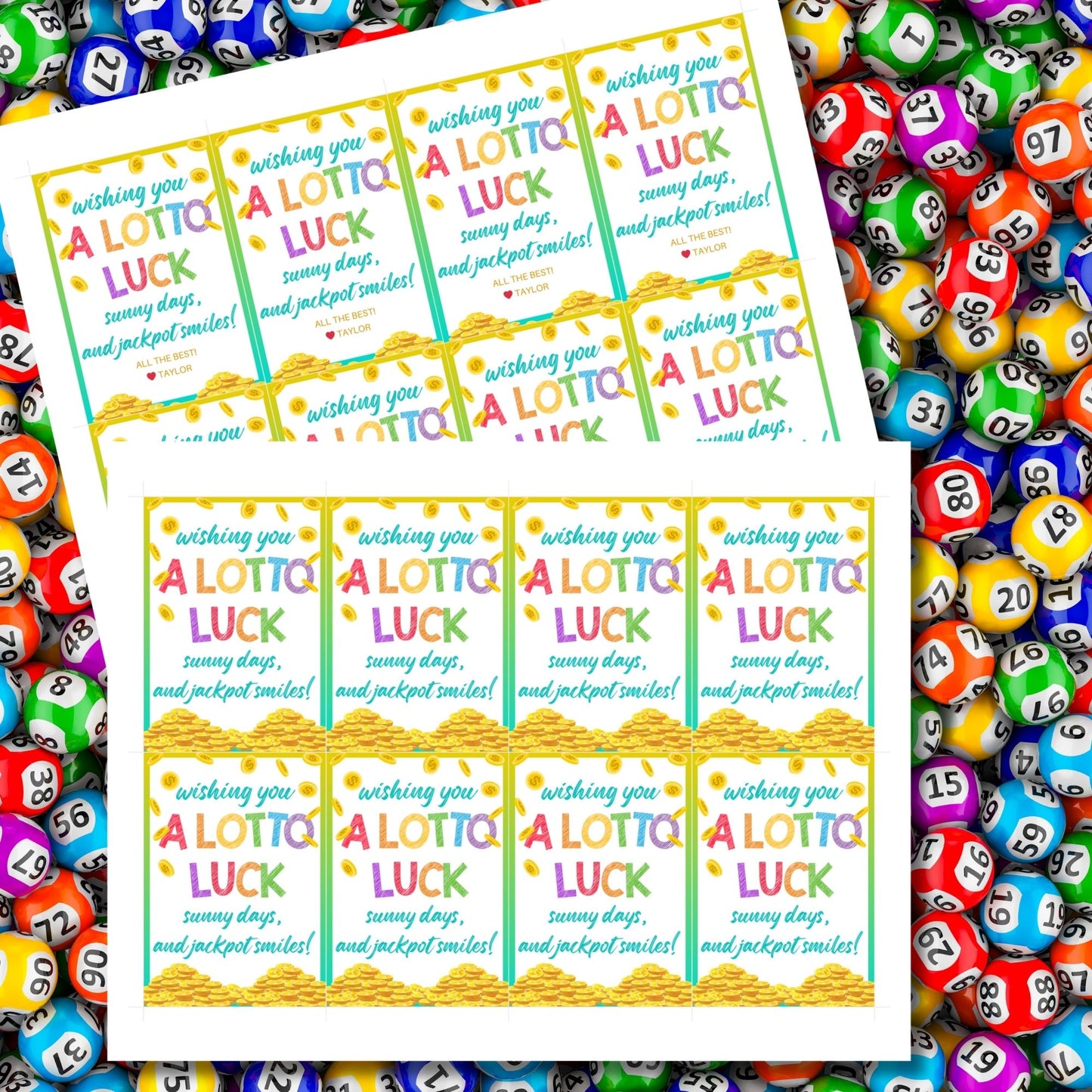 Colorful lotto-themed gift tags featuring a cheerful design with gold coins and the text "Wishing You A Lotto Luck, Sunny Days, and Jackpot Smiles! All the Best!" Personalize with names.