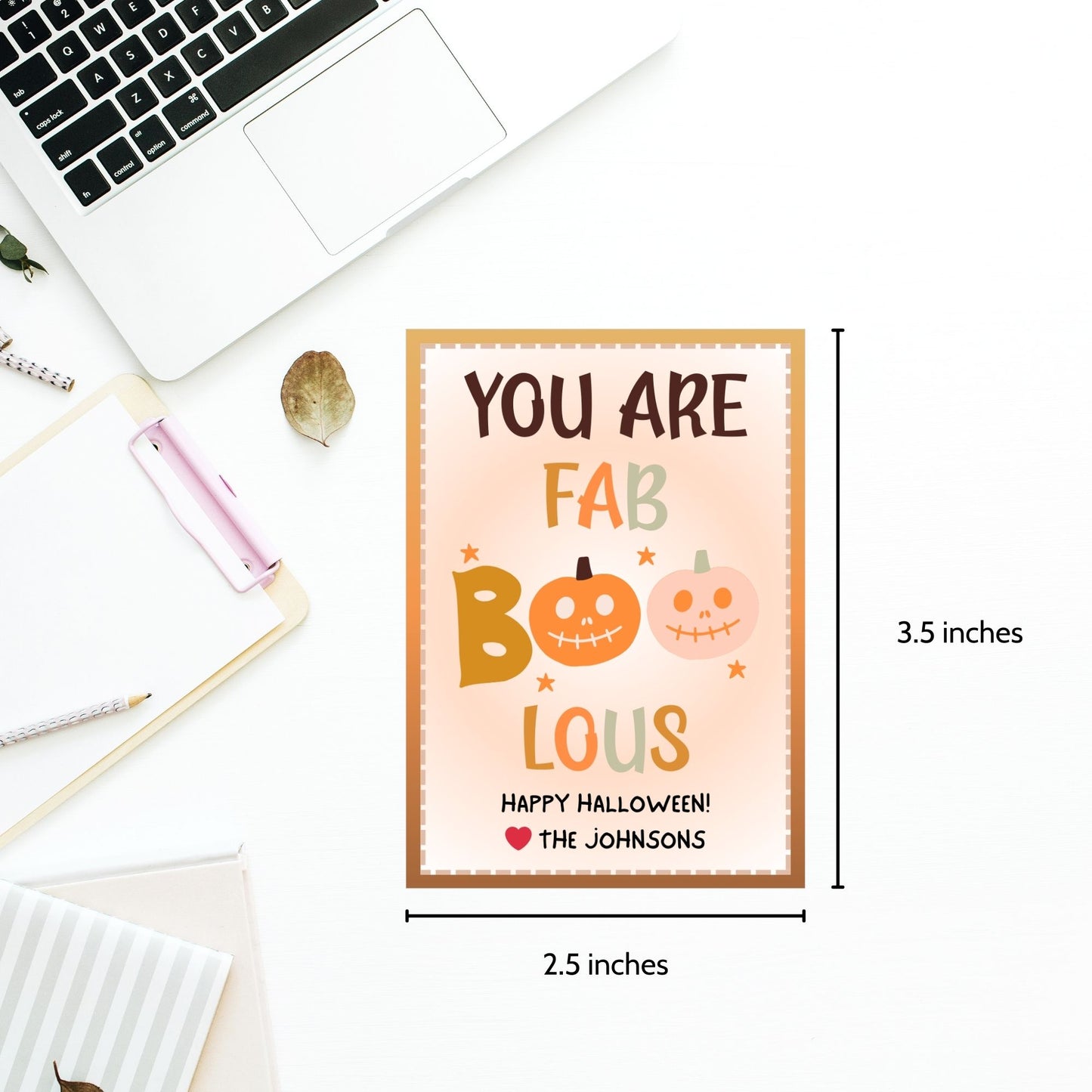 Printable Halloween gift tags with a warm color scheme, featuring the message "You Are FAB-BOO-LOUS" with cute smiling pumpkins, perfect for gifts and party favors.