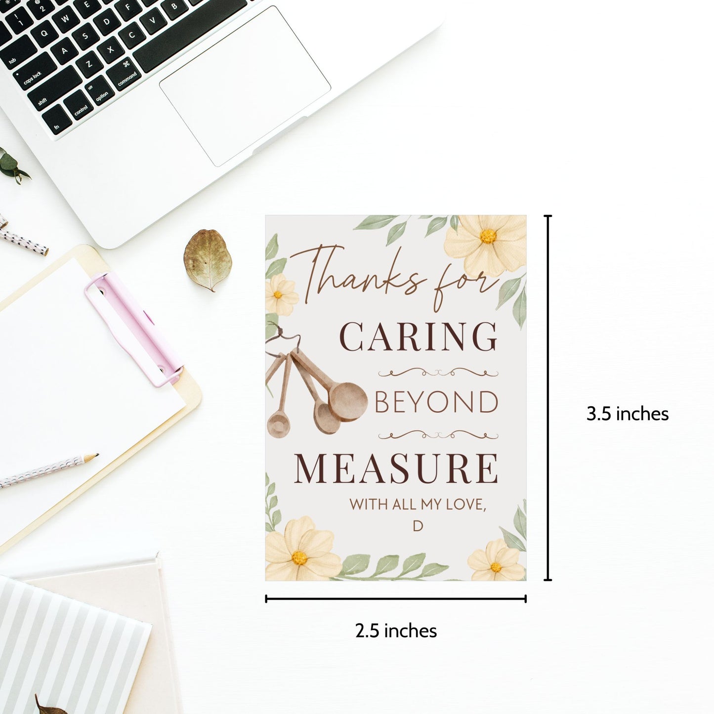 Printable and editable “Thanks for Caring Beyond Measure” gift tag with kitchen theme – perfect for caregivers, nurses, and appreciation gifts.