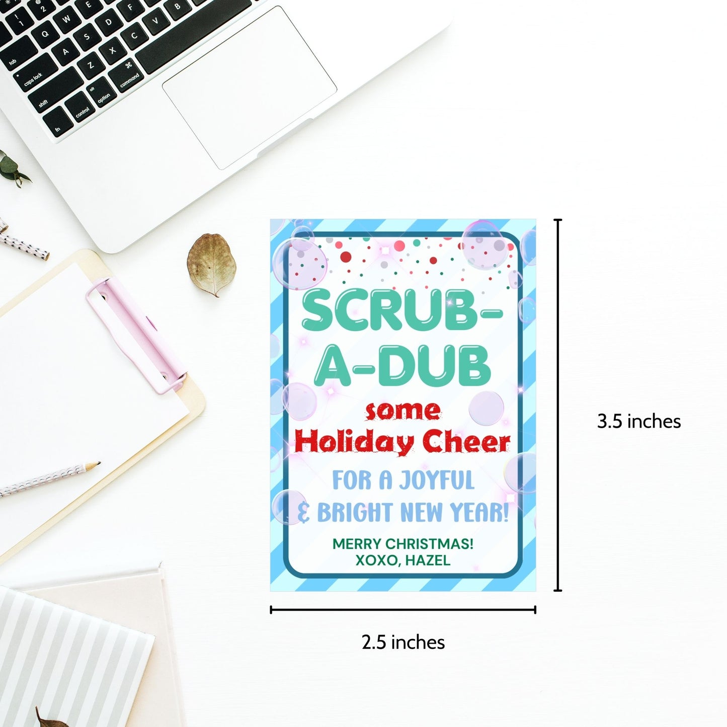 Cheerful Scrub-a-Dub-themed holiday gift tags featuring playful bubbles and a festive design, perfect for loofahs, body scrubs, or bath set gifts.