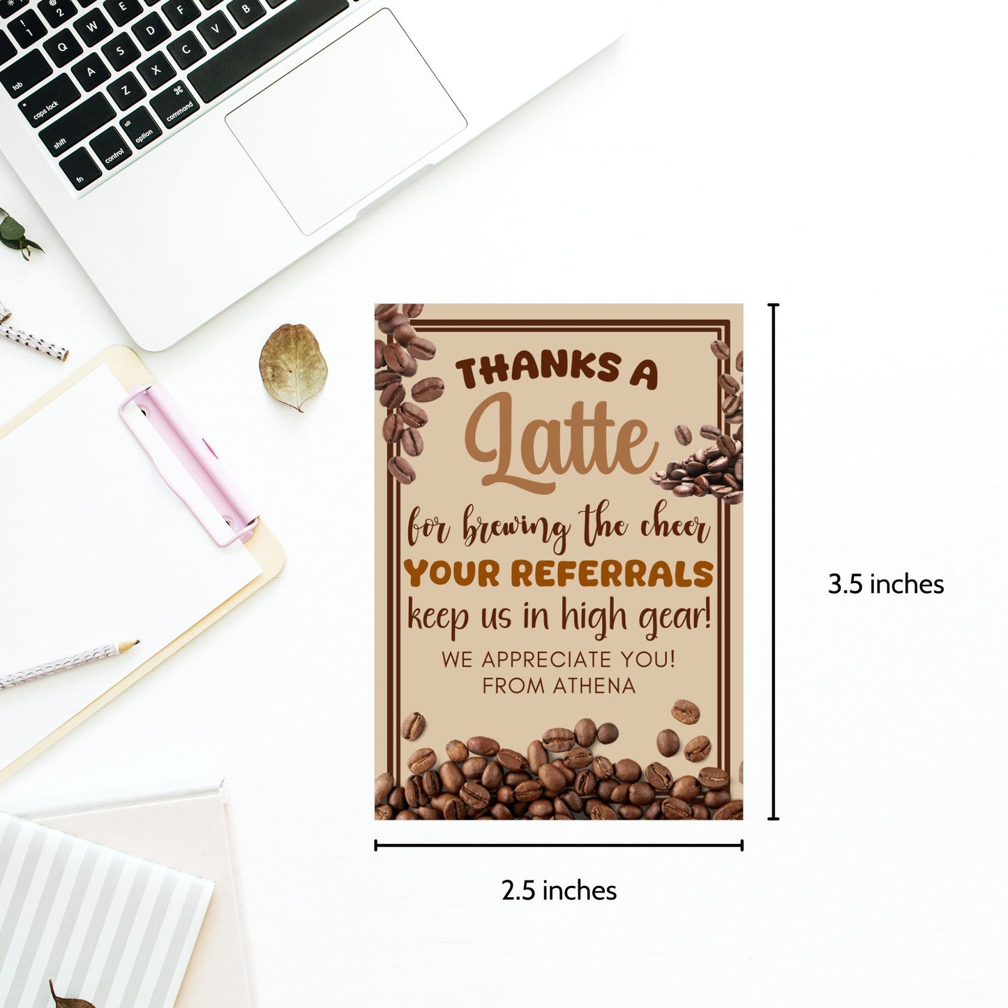 A printable PDF of coffee-themed referral gift tags titled "Thanks a Latte for Brewing the Cheer," customizable through Canva.