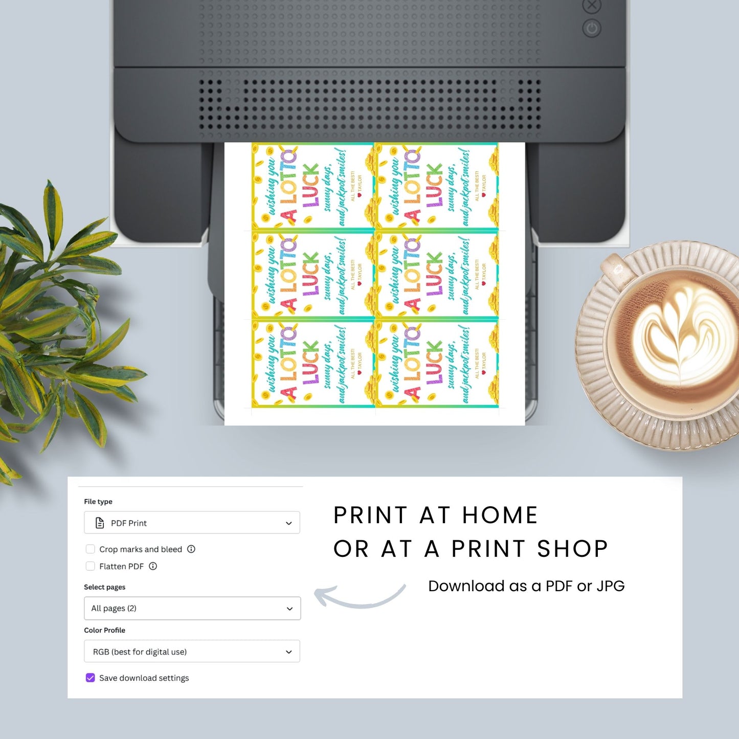 Colorful lotto-themed gift tags featuring a cheerful design with gold coins and the text "Wishing You A Lotto Luck, Sunny Days, and Jackpot Smiles! All the Best!" Personalize with names.