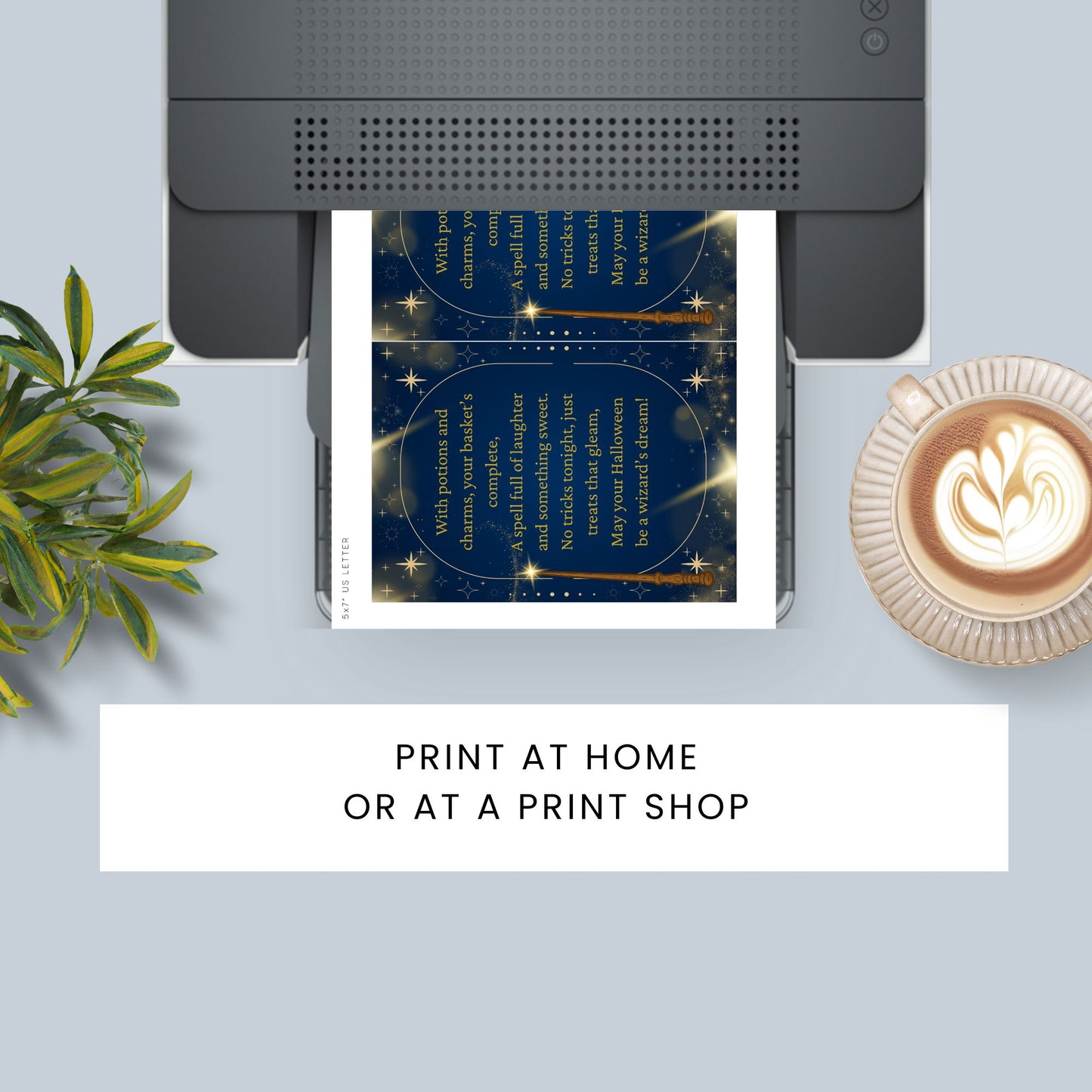 Printer printing a document with a cup of coffee and plant on a light blue background