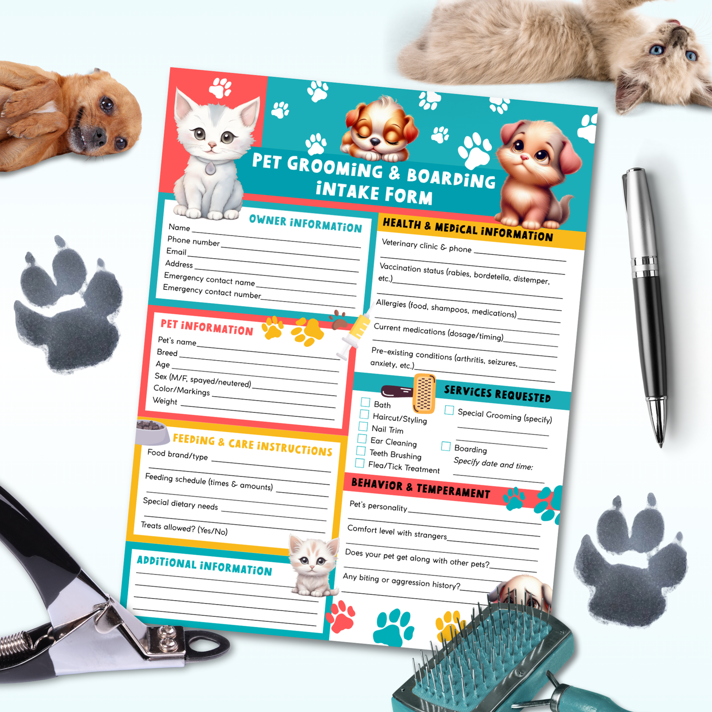 Printable Bold and Bright Pet Grooming & Boarding Intake & Consent Form – colorful 8.5x11 PDF form for pet groomers, boarding, and pet spas.