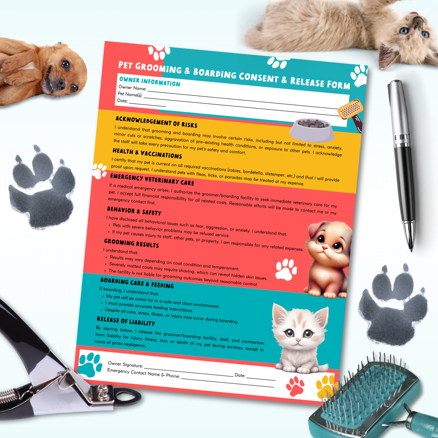 Printable Bold and Bright Pet Grooming & Boarding Intake & Consent Form – colorful 8.5x11 PDF form for pet groomers, boarding, and pet spas.