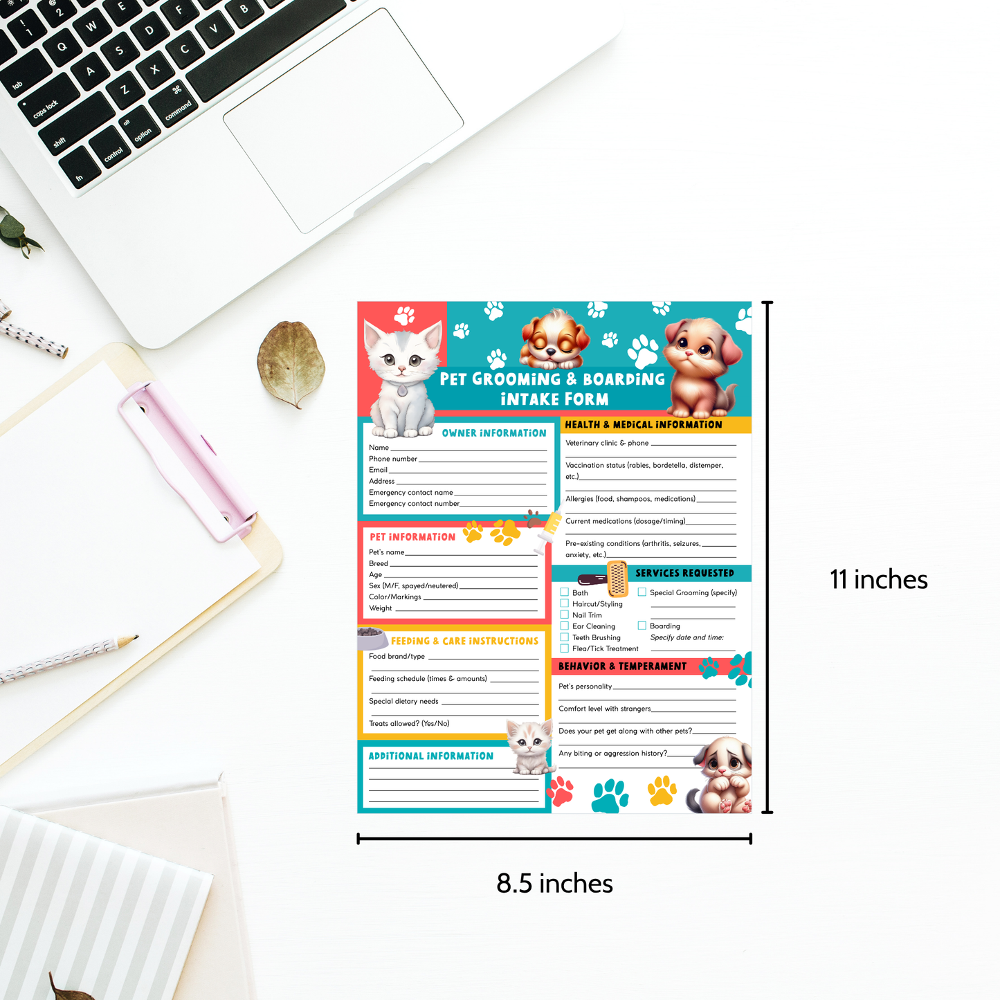 Printable Bold and Bright Pet Grooming & Boarding Intake & Consent Form – colorful 8.5x11 PDF form for pet groomers, boarding, and pet spas.