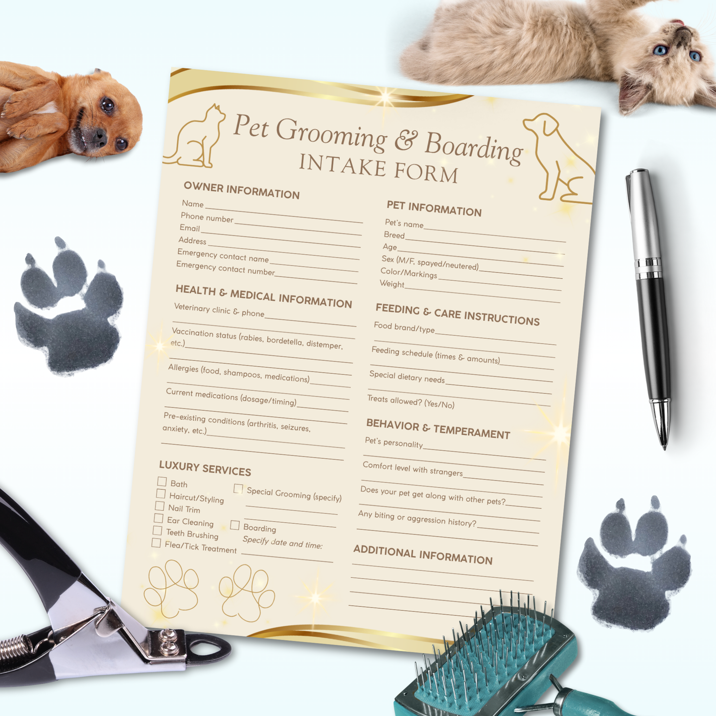 Printable Luxury Spa Pet Grooming & Boarding Intake & Consent Form – elegant 8.5x11 PDF for upscale pet spas, groomers, and boarding businesses.