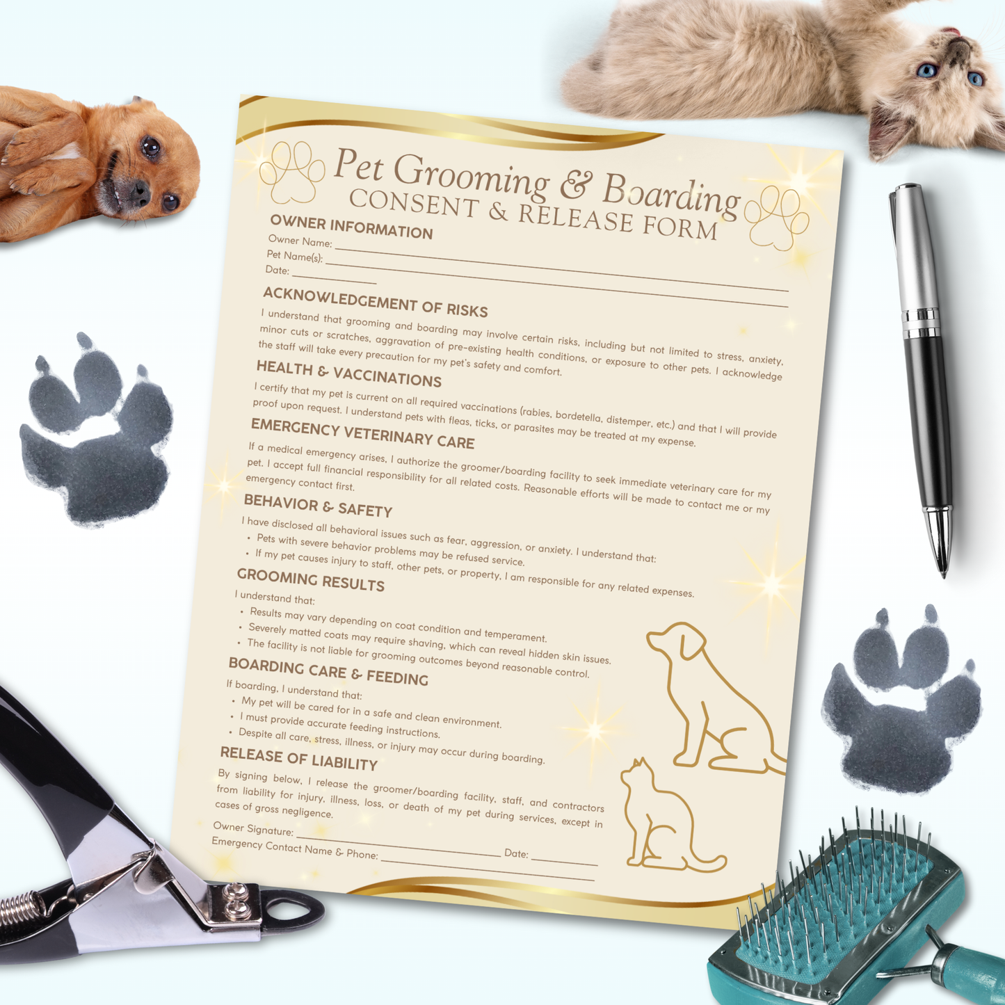 Printable Luxury Spa Pet Grooming & Boarding Intake & Consent Form – elegant 8.5x11 PDF for upscale pet spas, groomers, and boarding businesses.