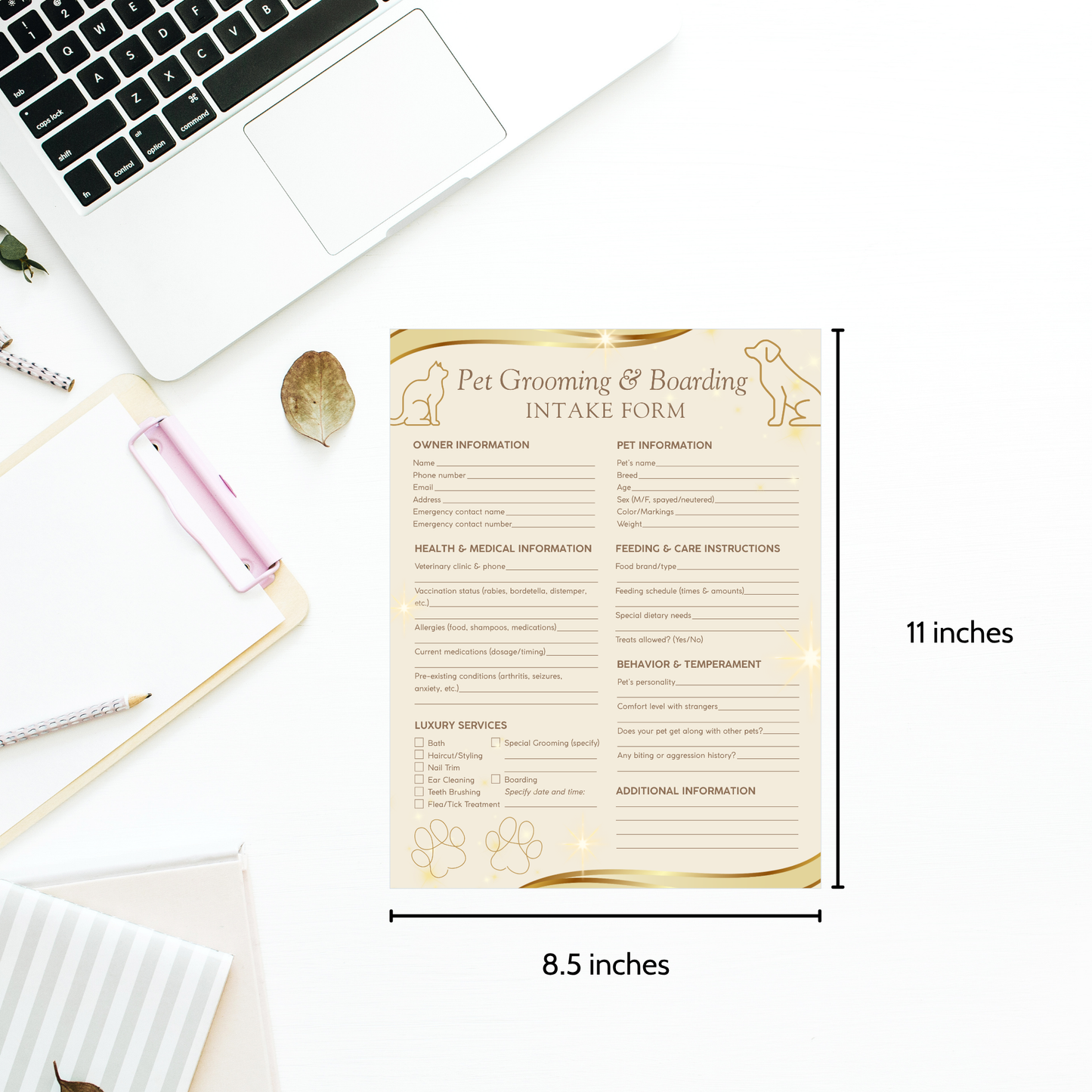 Printable Luxury Spa Pet Grooming & Boarding Intake & Consent Form – elegant 8.5x11 PDF for upscale pet spas, groomers, and boarding businesses.