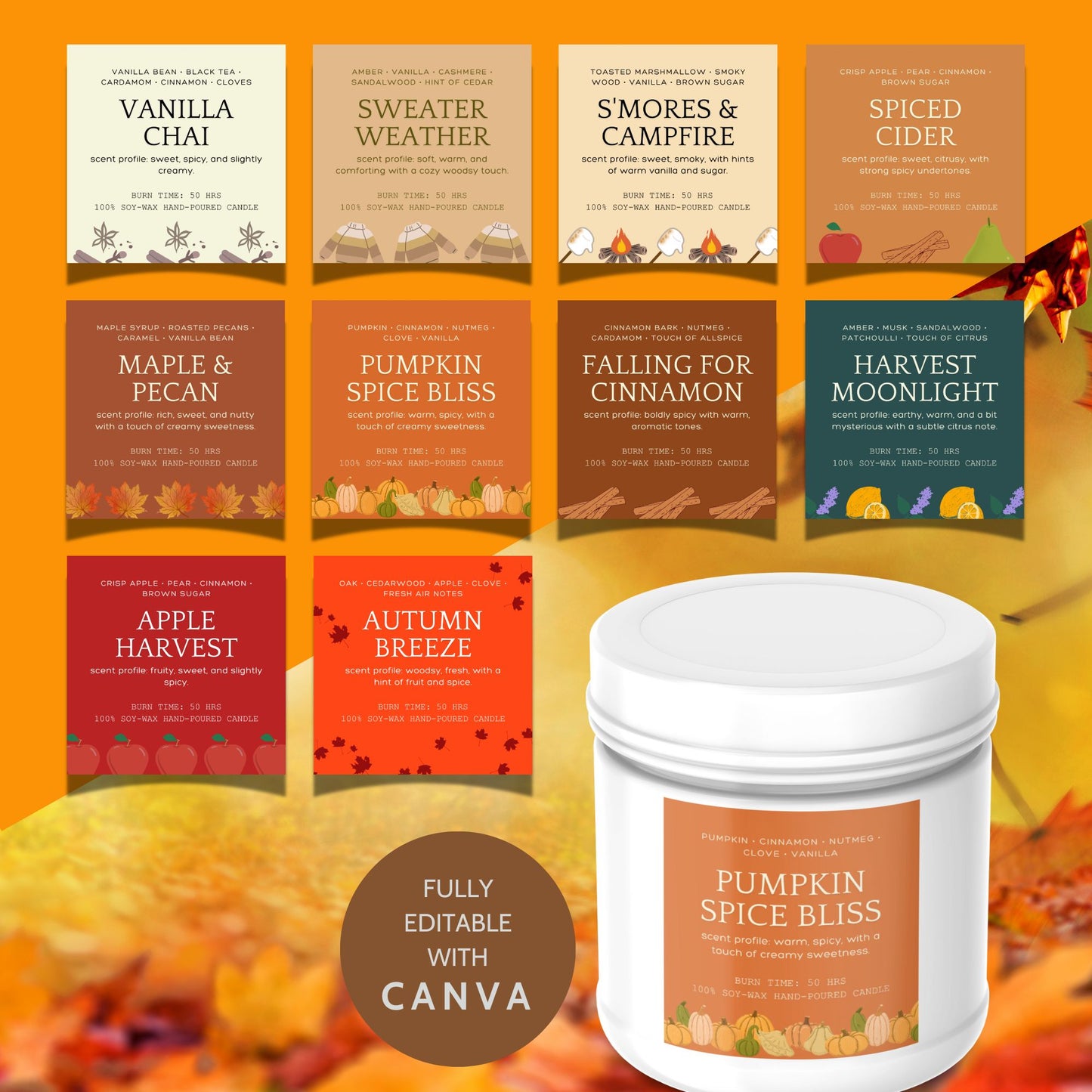 A set of 10 editable Fall-themed candle labels featuring autumn-inspired designs and scents, perfect for adding a personal touch to your candles. The labels are 2.75 inches square and come with a link to a customizable Canva template.