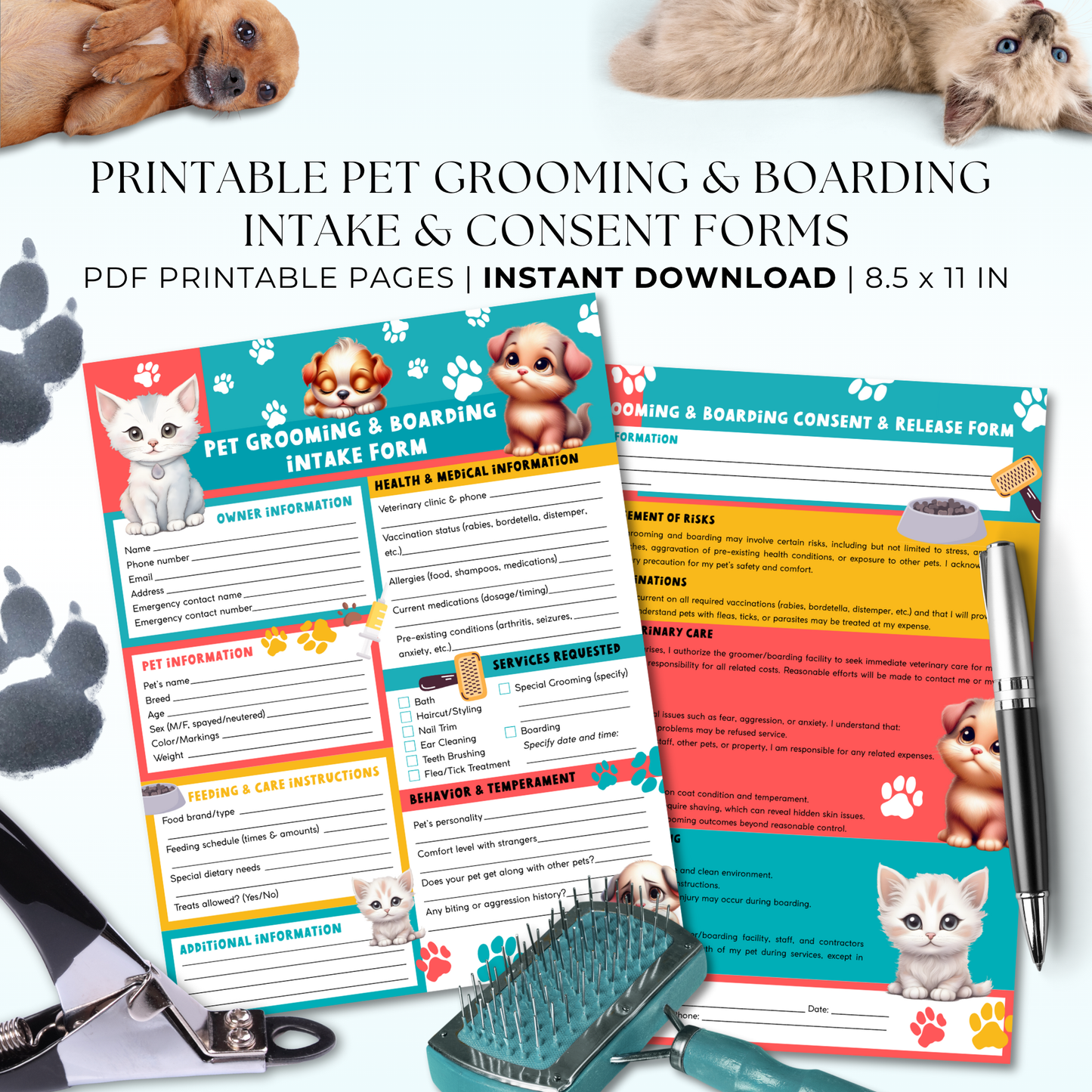 Printable Bold and Bright Pet Grooming & Boarding Intake & Consent Form – colorful 8.5x11 PDF form for pet groomers, boarding, and pet spas.