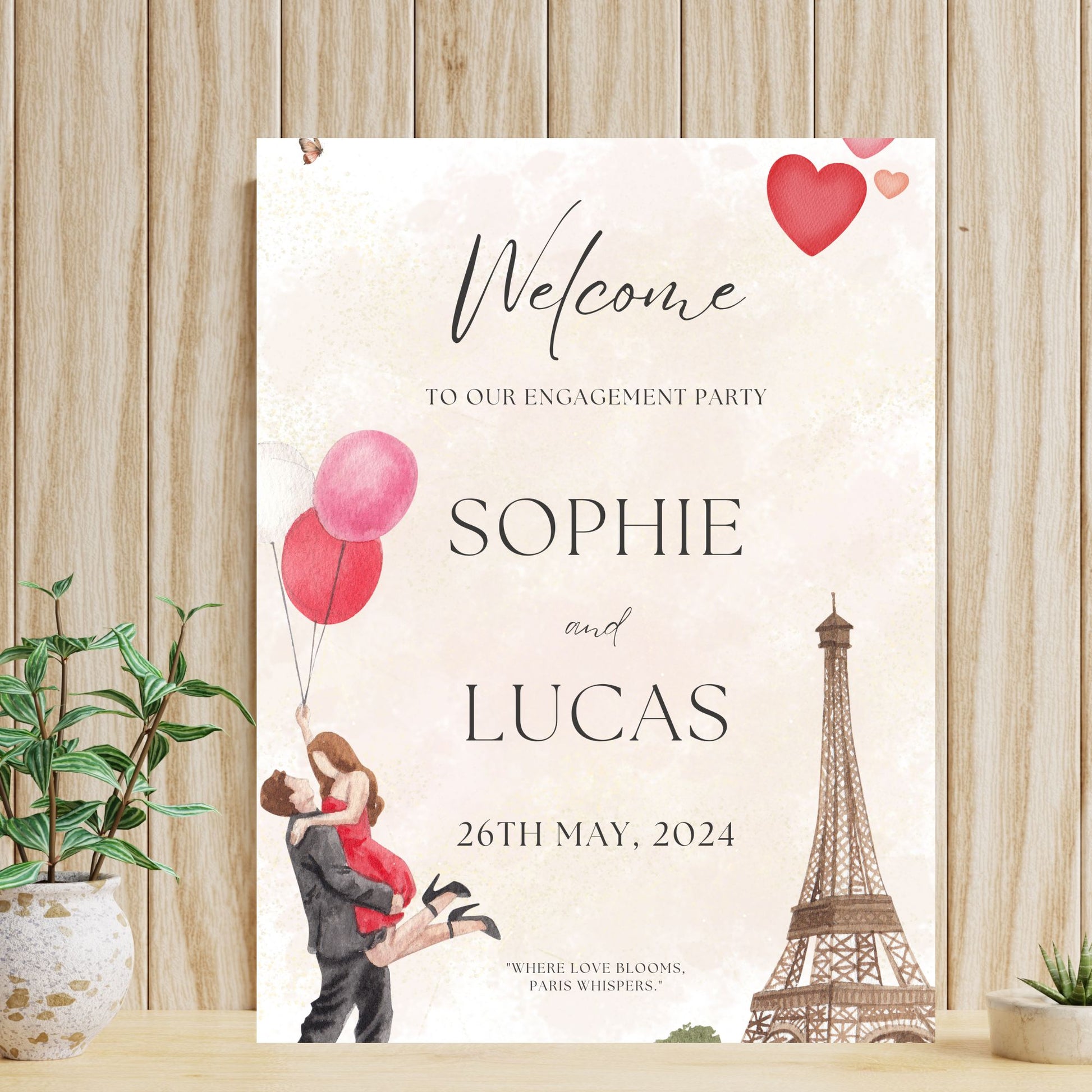 Paris-themed editable engagement welcome poster with Eiffel Tower, romantic couple with balloons, and red hearts. Canva template sized 24x36 inches.