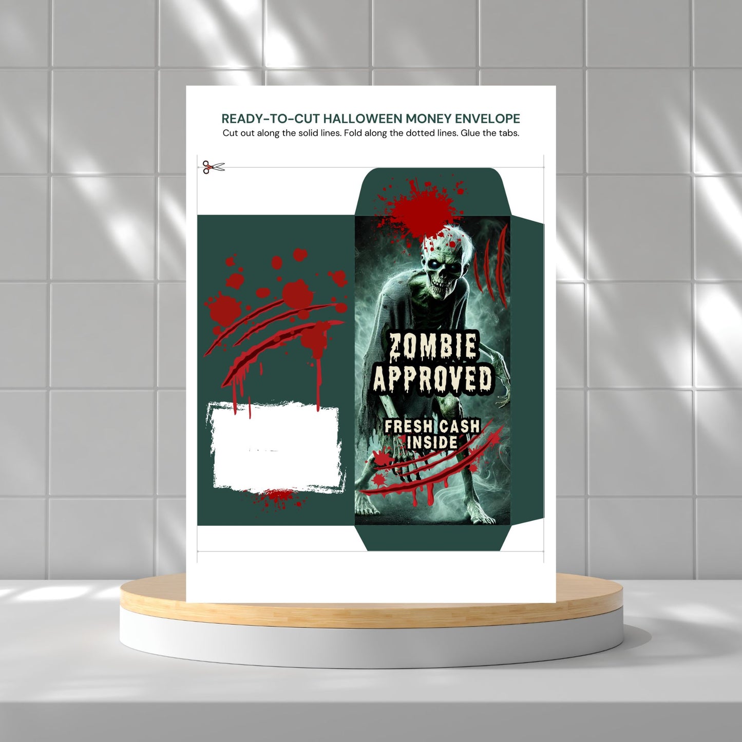 Halloween money envelope with zombie design on a white background