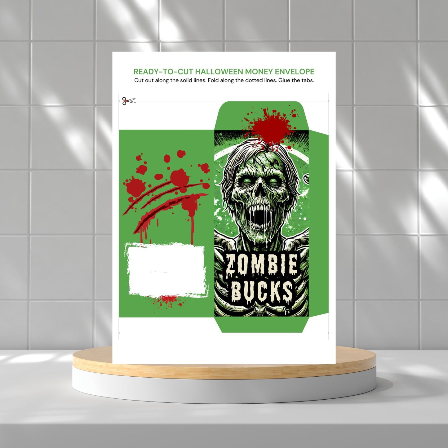 Halloween money envelope with zombie design on a white platform against a tiled wall.