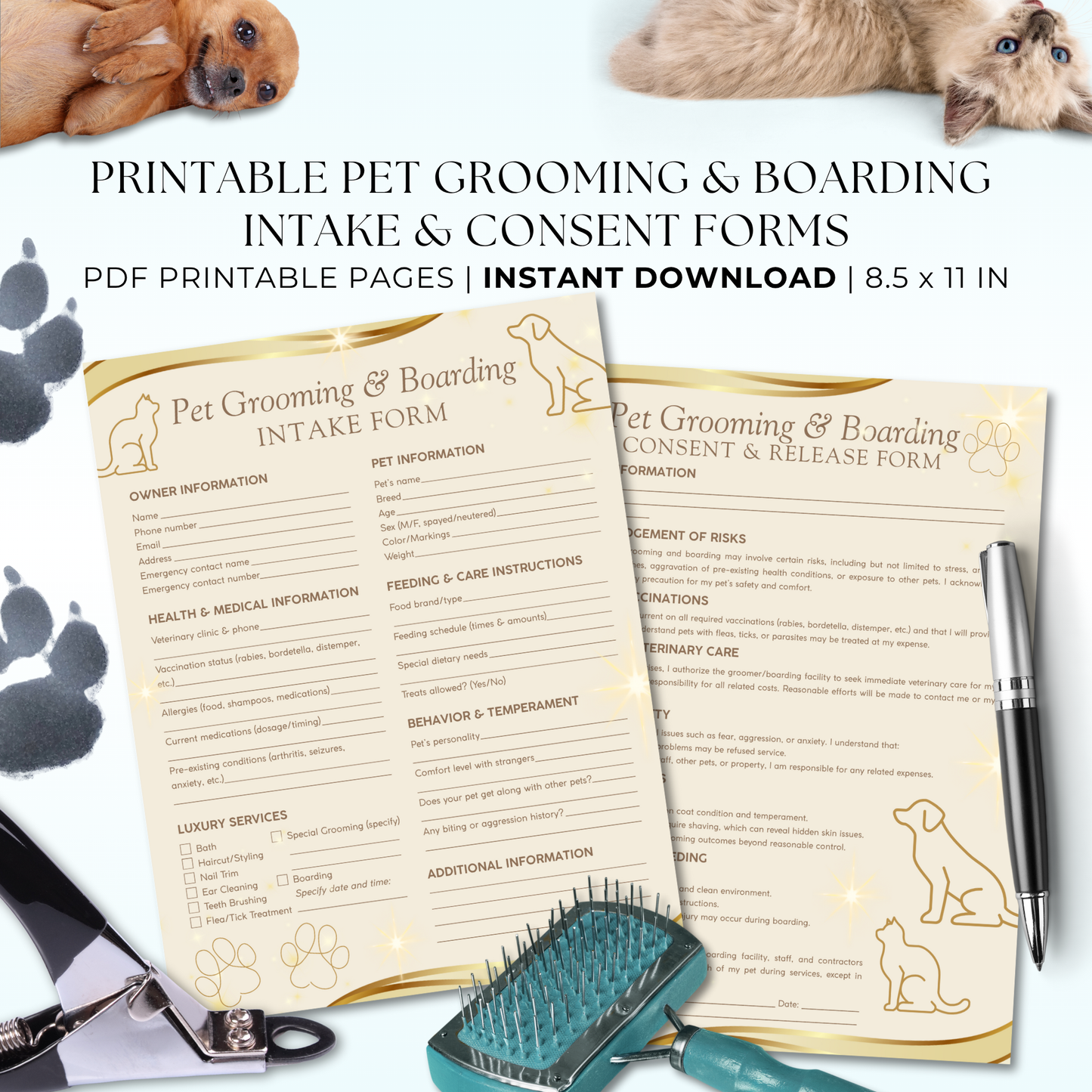 Printable Luxury Spa Pet Grooming & Boarding Intake & Consent Form – elegant 8.5x11 PDF for upscale pet spas, groomers, and boarding businesses.