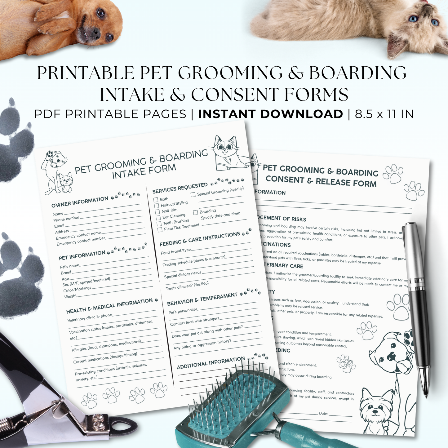 Pet grooming and boarding consent form with pet-related items on a white background