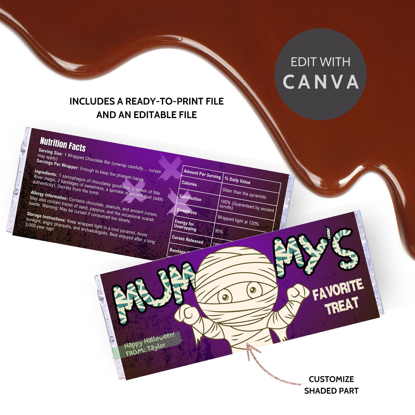 Printable and editable Mummy-themed Halloween chocolate bar wrapper featuring a fun mummy character, perfect for trick-or-treat and Halloween parties.