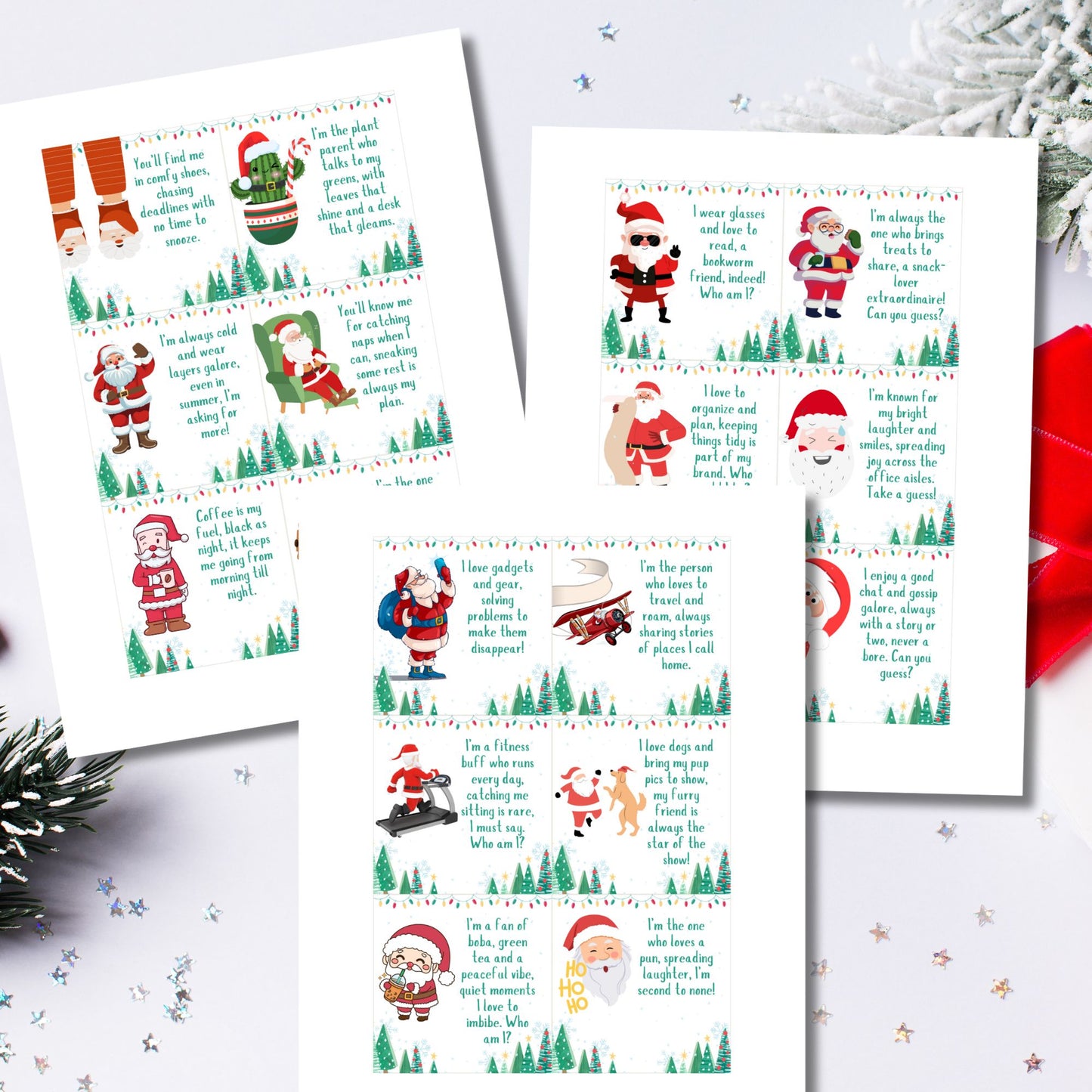 Bright and festive Secret Santa gift tags featuring fun riddles for holiday gift exchanges, laid out 6 per sheet on 8.5 x 11 inches.