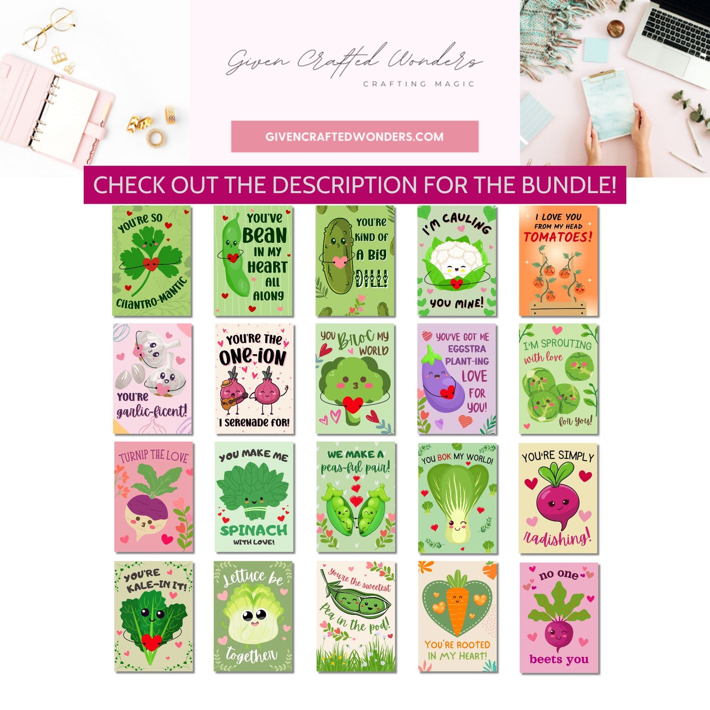 Printable Valentine’s Day card bundle featuring 20 designs with vegetable, herb, and legume themes. Includes puns like "You’re Kind of a Big Dill" and "Turnip the Love." Ready-to-print 5x7 cards on 8.5 x 11 sheets and individual 5x7 PDFs. Perfect for sharing love and laughter!