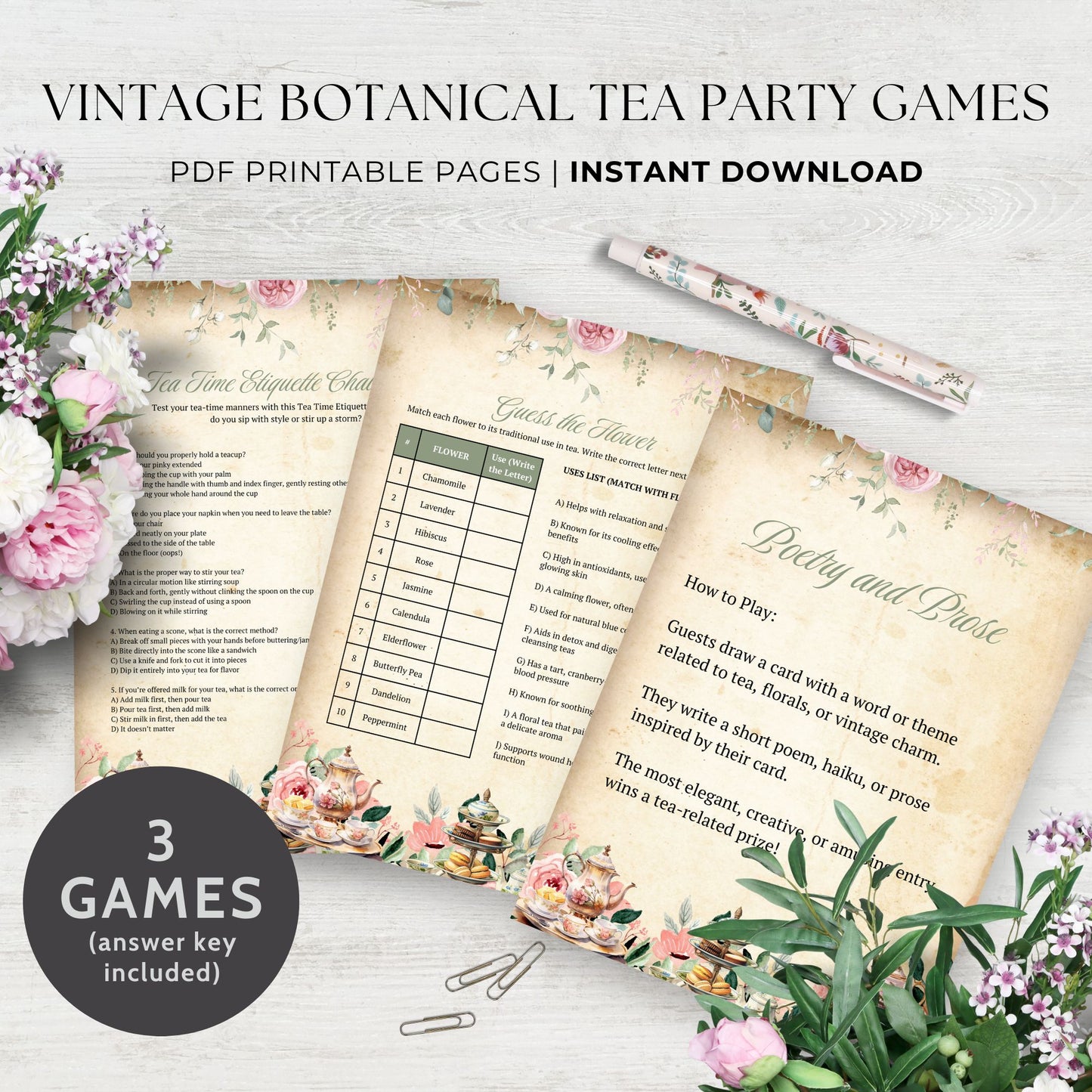 A set of vintage-inspired botanical tea party games, including Poetry & Prose and Tea-Themed Trivia, featuring elegant floral illustrations, antique parchment backgrounds, and classic typography. Print-ready PDF format, perfect for bridal showers, afternoon teas, weddings, and baby showers.