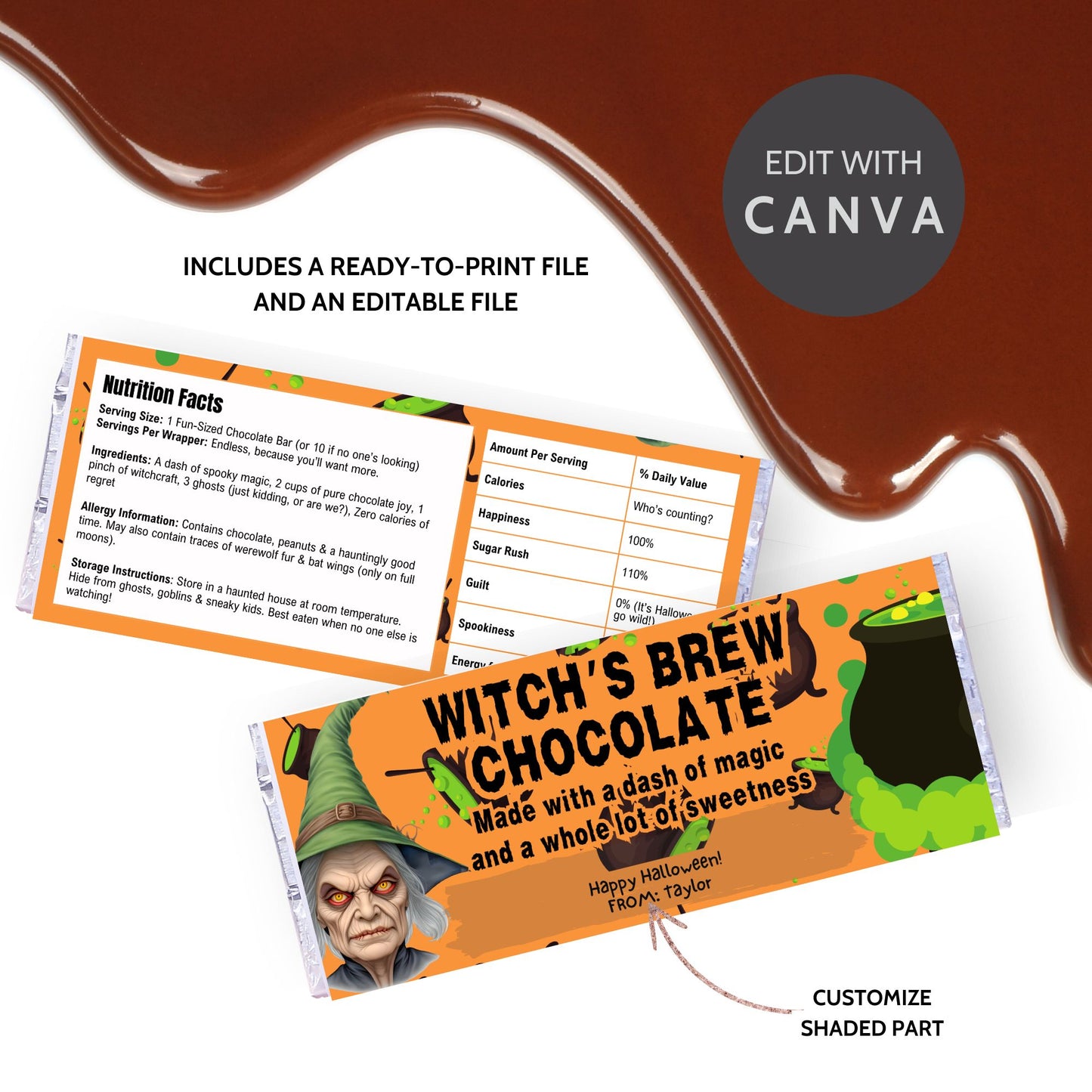 Printable and editable Halloween chocolate bar wrappers with witch and cauldron design, perfect for Halloween parties and trick-or-treat.