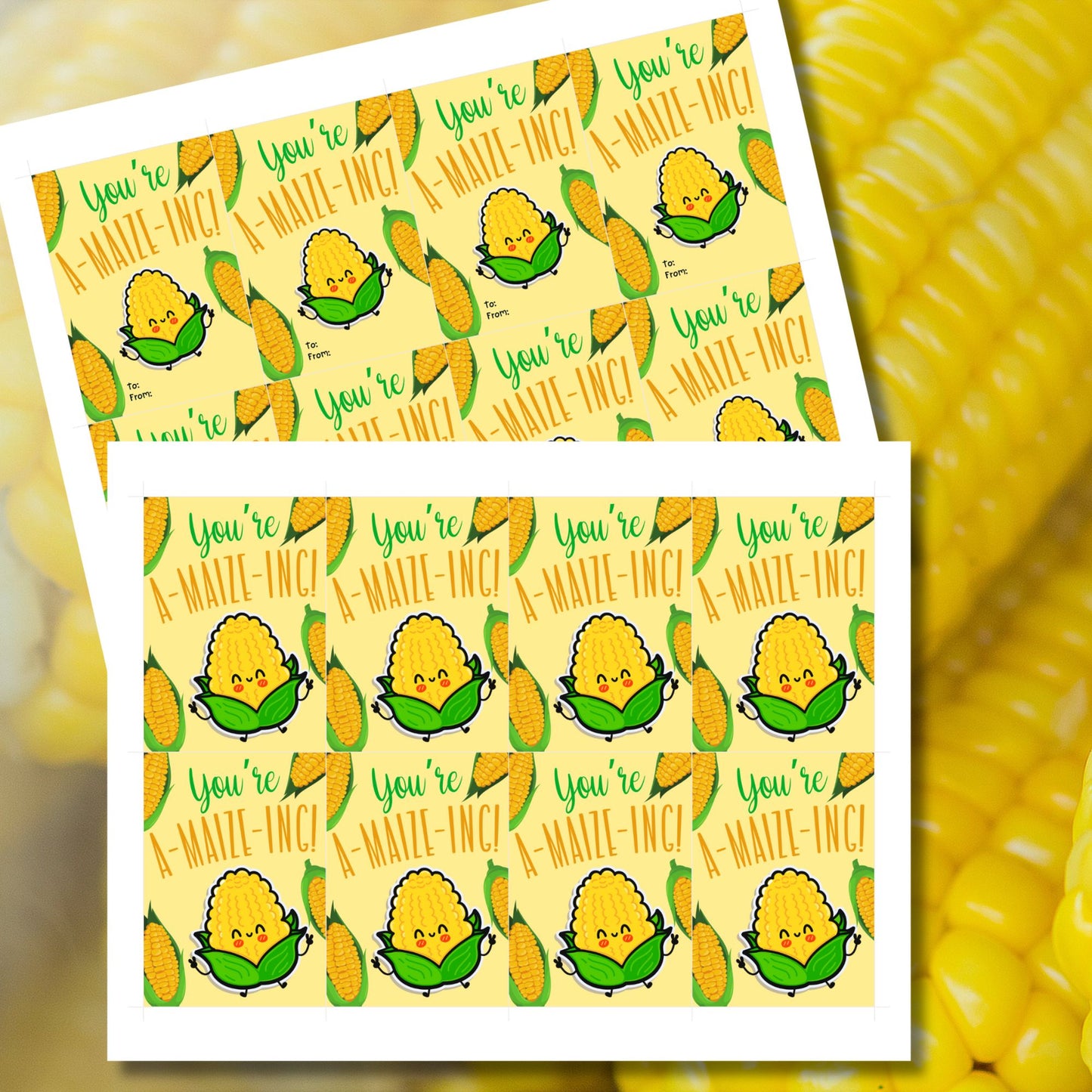 Editable corn-themed fall gift tags with the message 'You're A-MAIZE-ING!' in 2.5 x 3.5 inches, 8 per sheet, available as printable and customizable PDFs.
