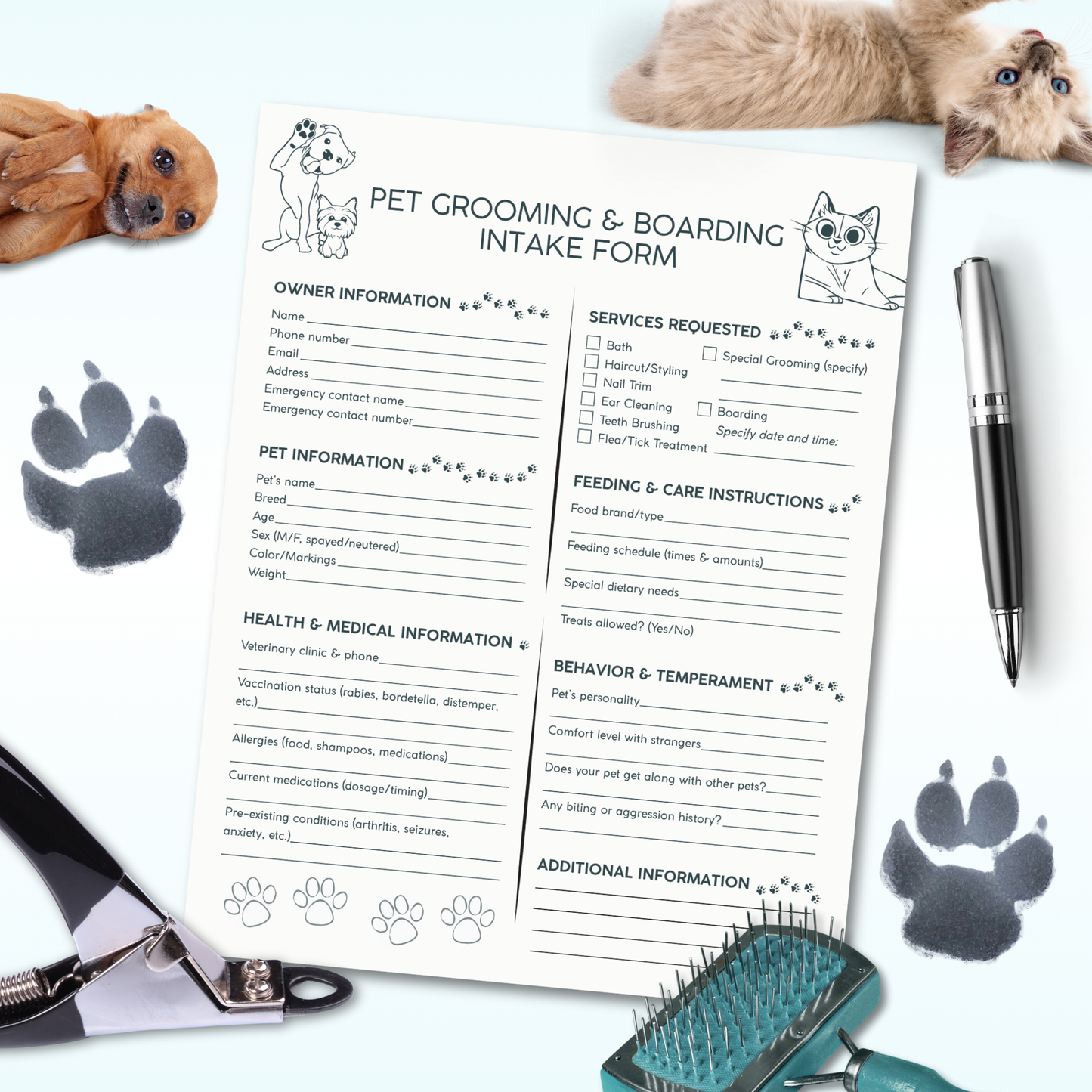 Pet grooming and boarding intake form with a dog and cat on a white background