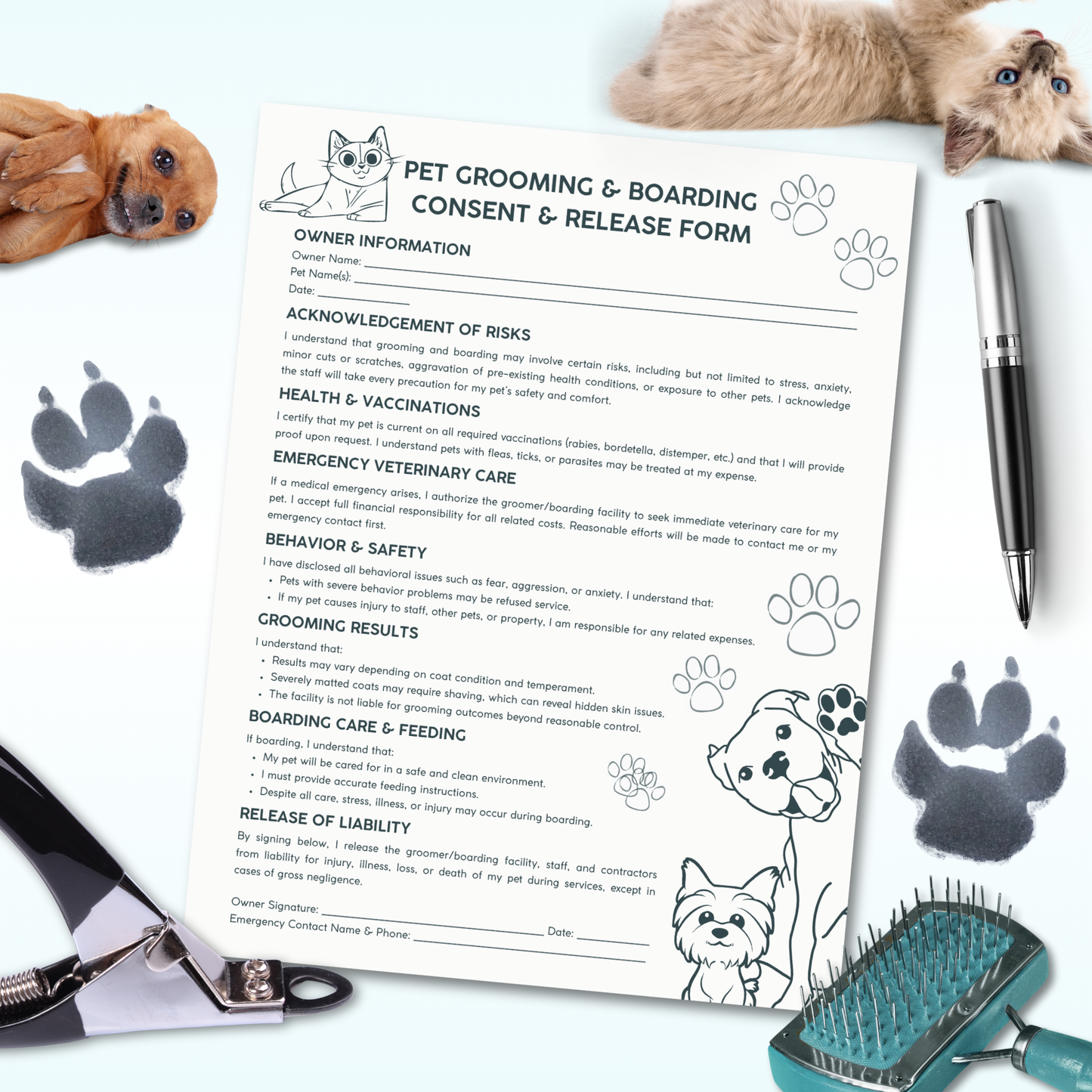 Pet grooming and boarding consent form with pet-related items on a white background