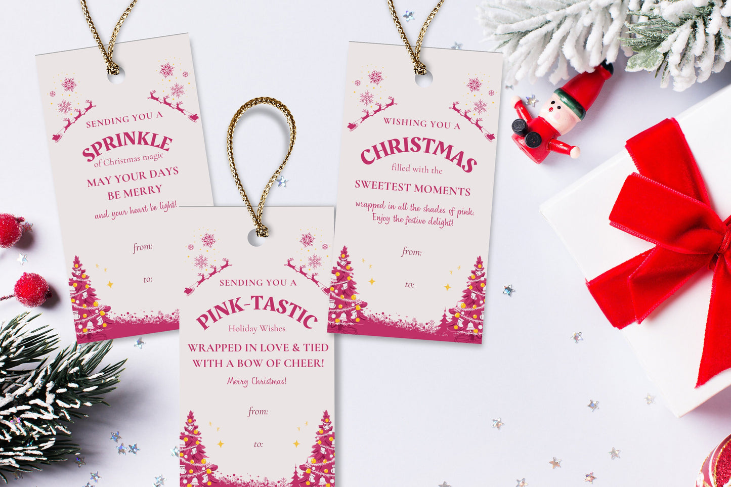 Charming Pink Christmas Gift Tags - Set of 8 Printable Tags To Elevate Your Holiday Presents