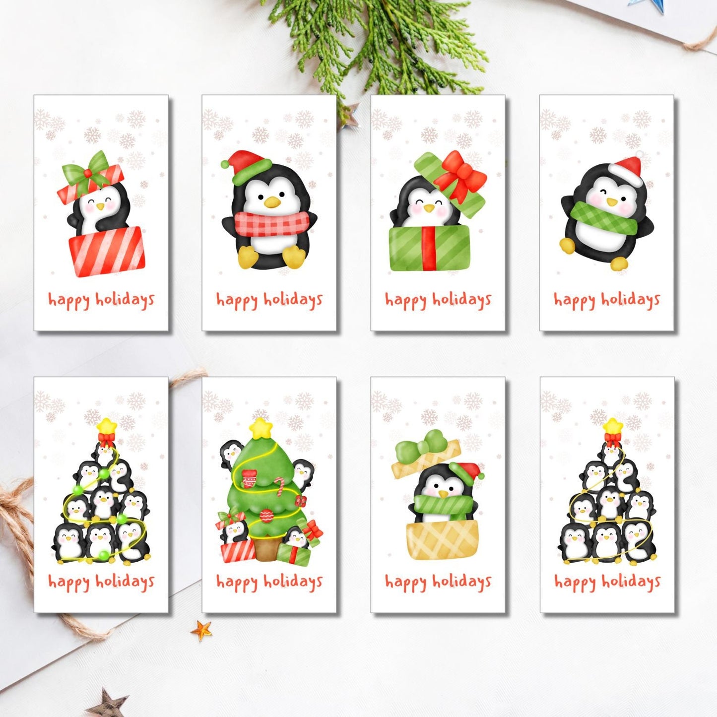 Cheerful Penguin Christmas Gift Tags - Set of 8 Printable Tags in a Festive Green, Red, and Yellow Palette for Holiday Joy