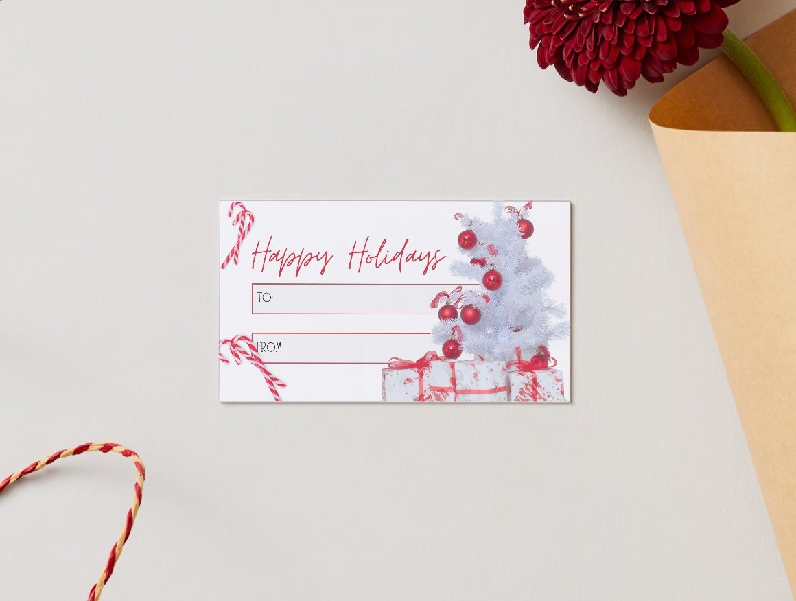Classic White Christmas Tree Gift Tags - Set of 10 Printable Tags with Red Ornaments and Gifts, Perfect for Festive Holiday Giving