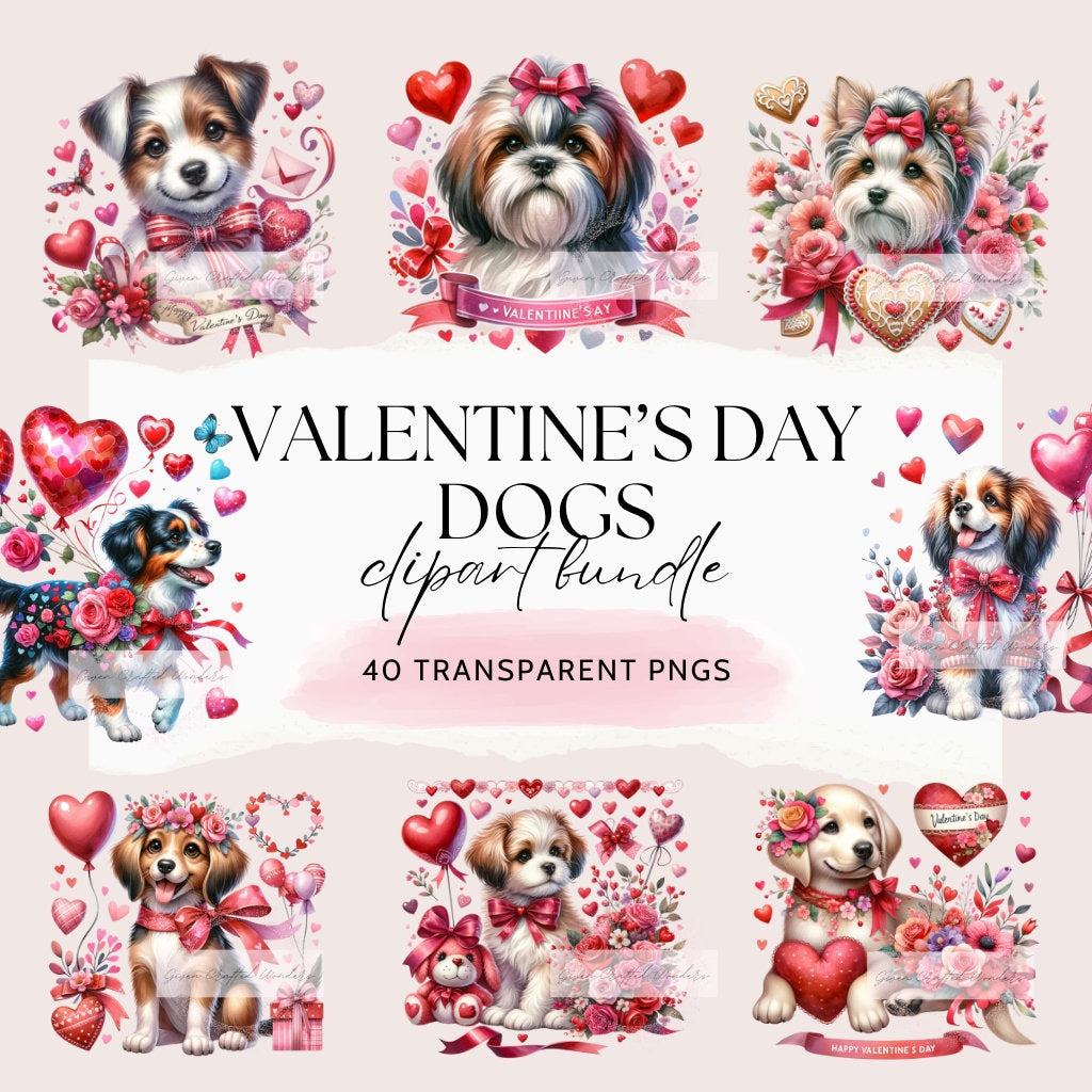 Valentine's Day Dog Clipart Bundle - 40 Unique Watercolor Puppy Illustrations for Crafting, Romantic Canine Art, Greeting Cards, Gifts