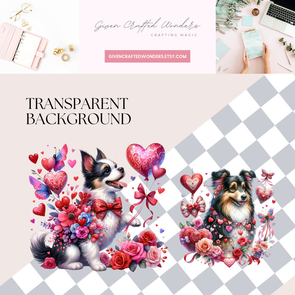 Valentine's Day Dog Clipart Bundle - 40 Unique Watercolor Puppy Illustrations for Crafting, Romantic Canine Art, Greeting Cards, Gifts