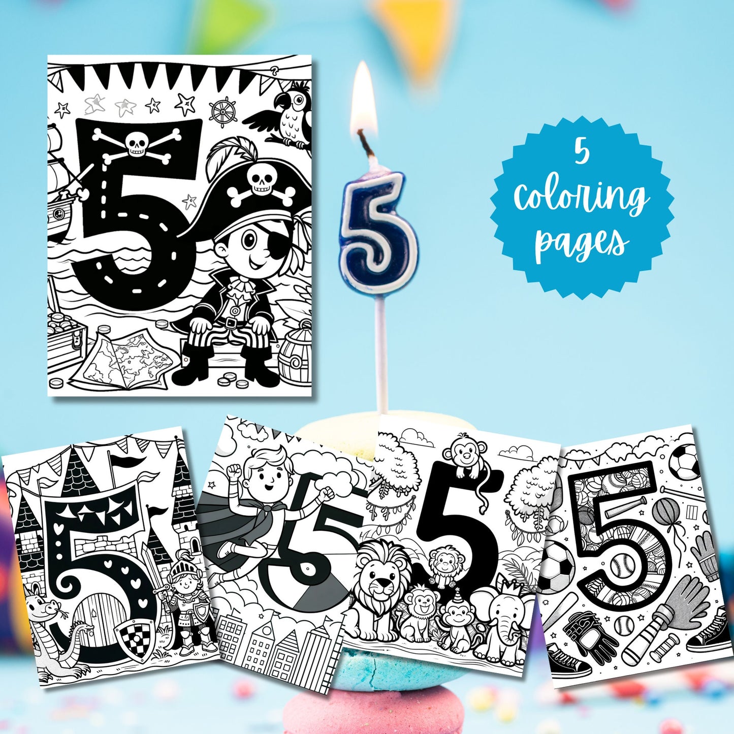 Instant Download | 5th Boy Birthday Party Favor | Pirate | Jungle | Sports | Birthday Party Coloring Set | Superhero | Kid's Birthday