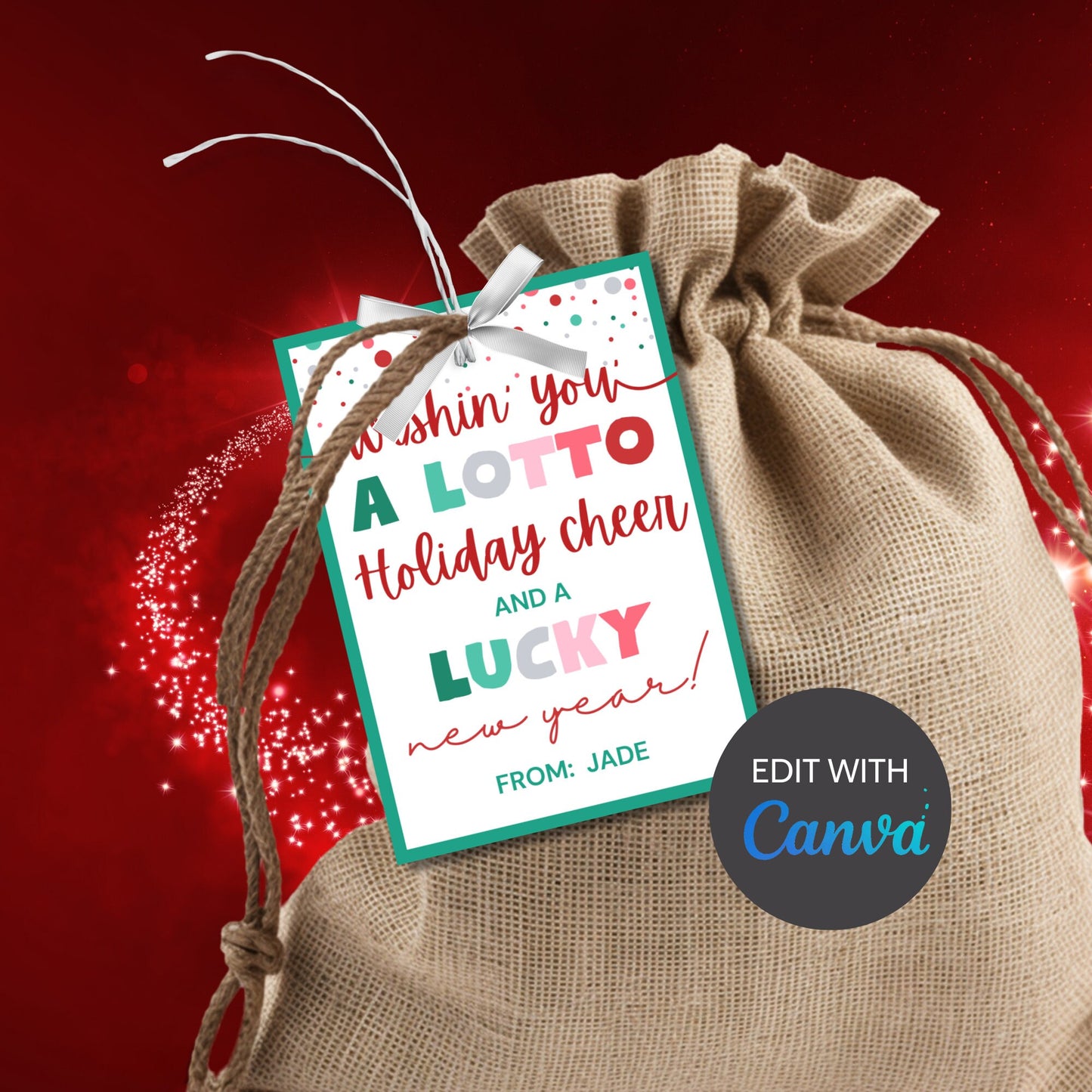 Printable Lotto Gift Tag, Wishing You a Lotto Holiday Cheer, Lottery Editable Tag, Personalize with Canva, Instant Download