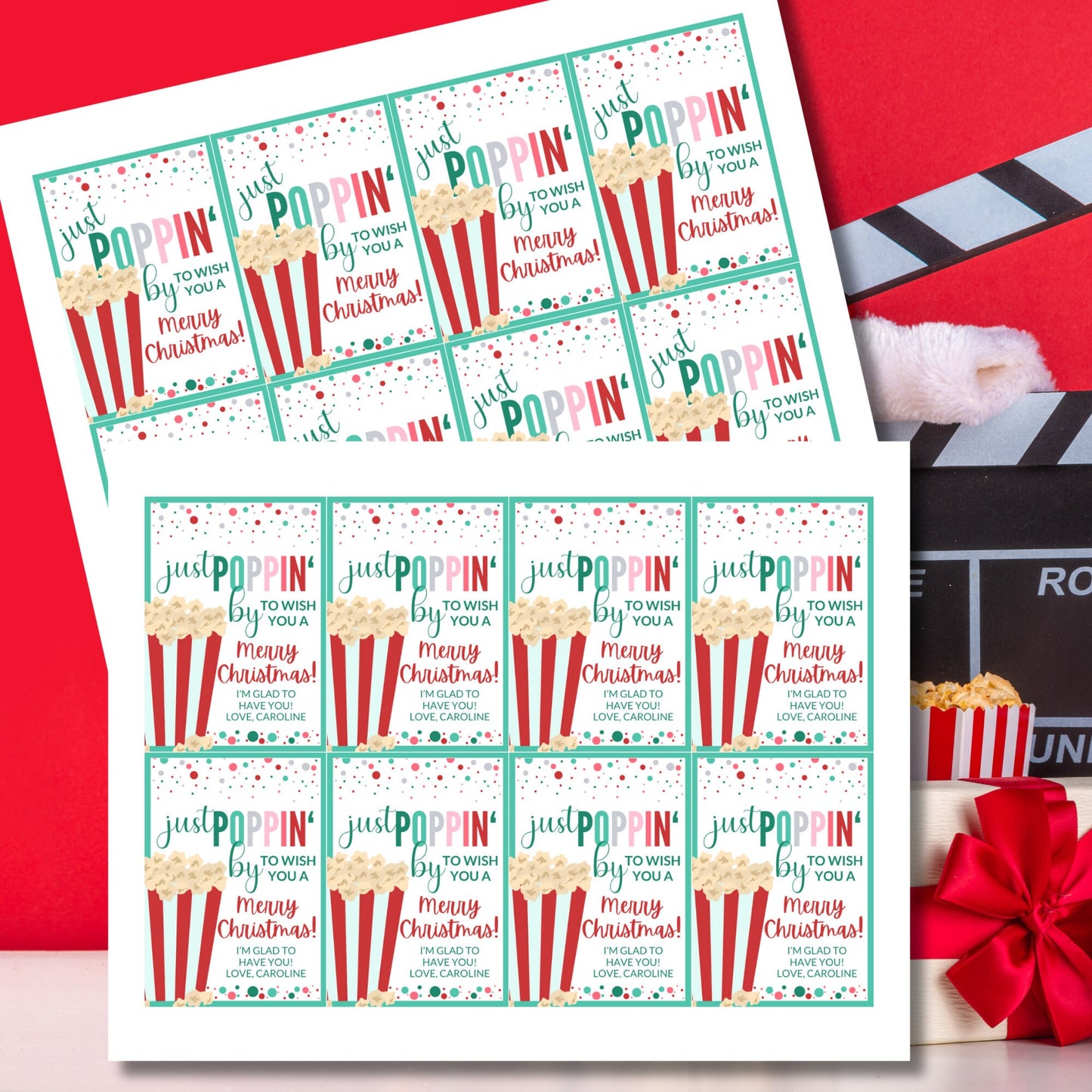 Popcorn Tags, Just Poppin By Gift Tag, Movie Lover Gift, Canva Template, Digital File, Popcorn Christmas, ust Poppin', Co Workers