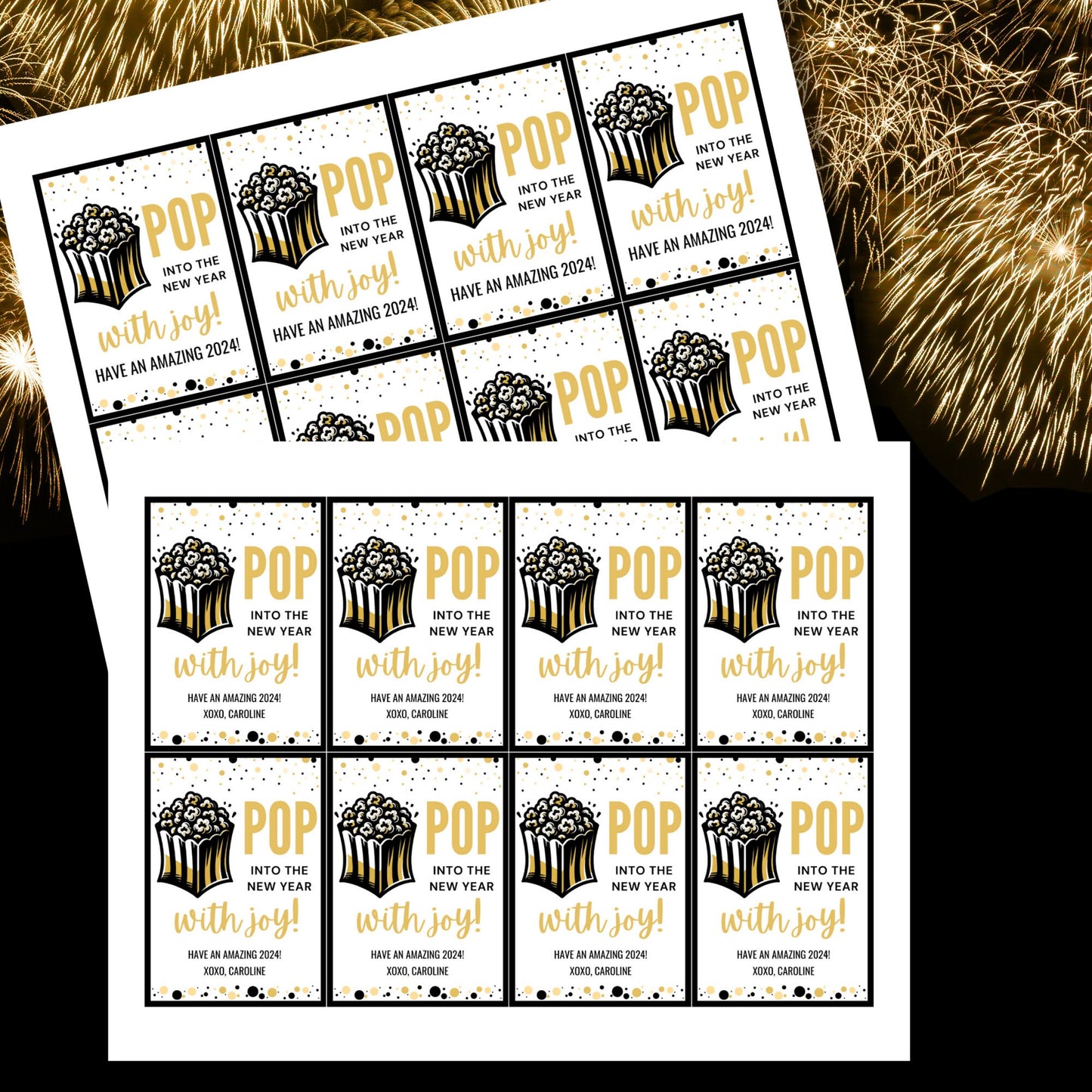 Popcorn Gift Tag, Pop Into the New Year, New Year Favor Tag, 2024 Gift Tag, Year Of The Dragon, Black & Gold