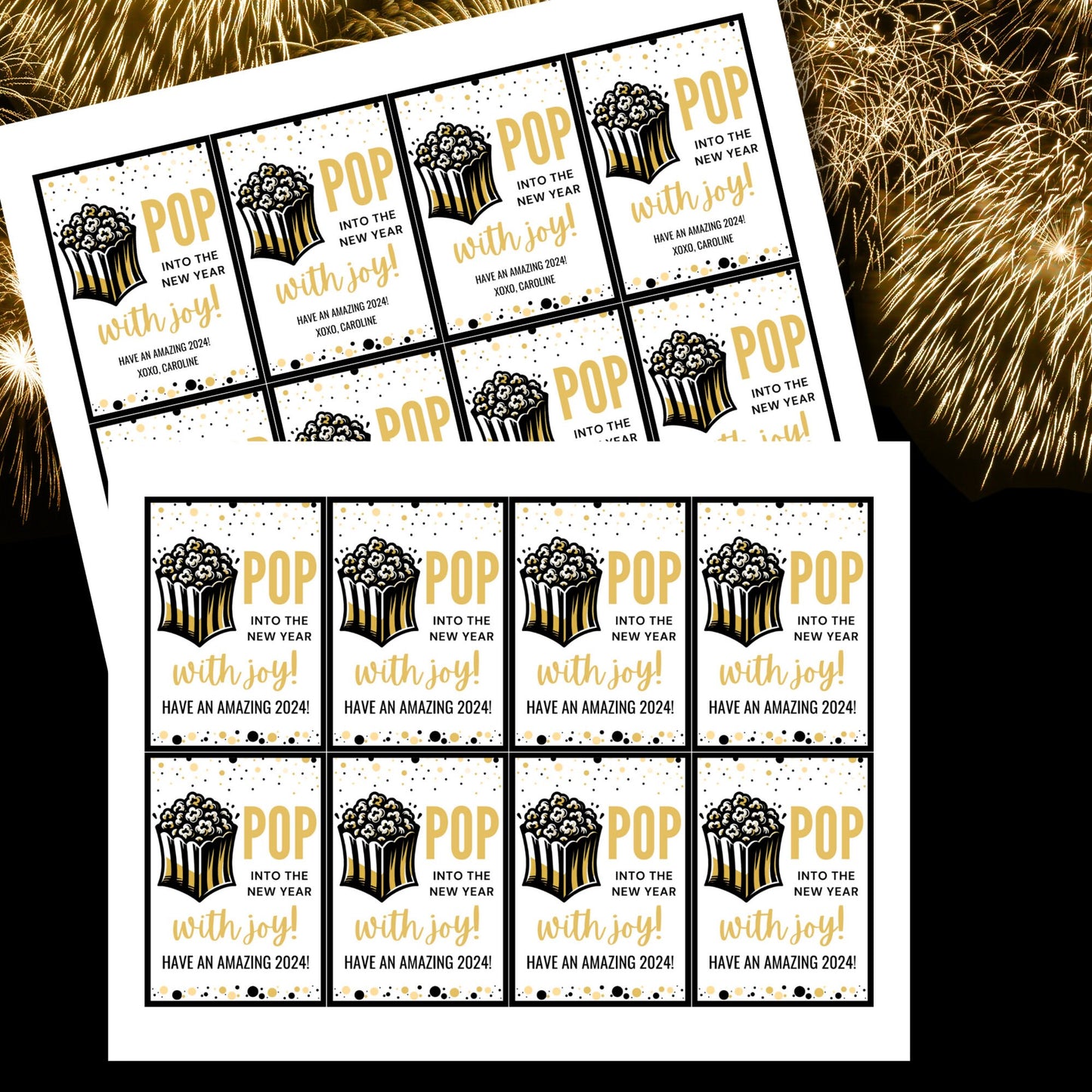 Popcorn Gift Tag, Pop Into the New Year, New Year Favor Tag, 2024 Gift Tag, Year Of The Dragon, Black & Gold