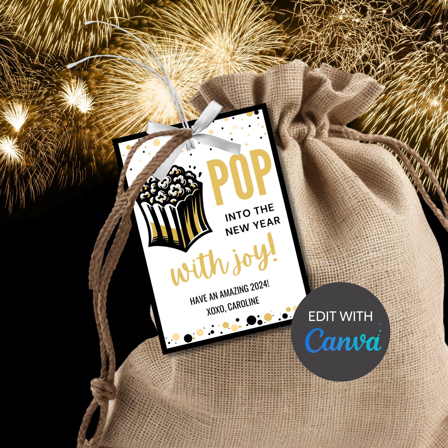 Popcorn Gift Tag, Pop Into the New Year, New Year Favor Tag, 2024 Gift Tag, Year Of The Dragon, Black & Gold