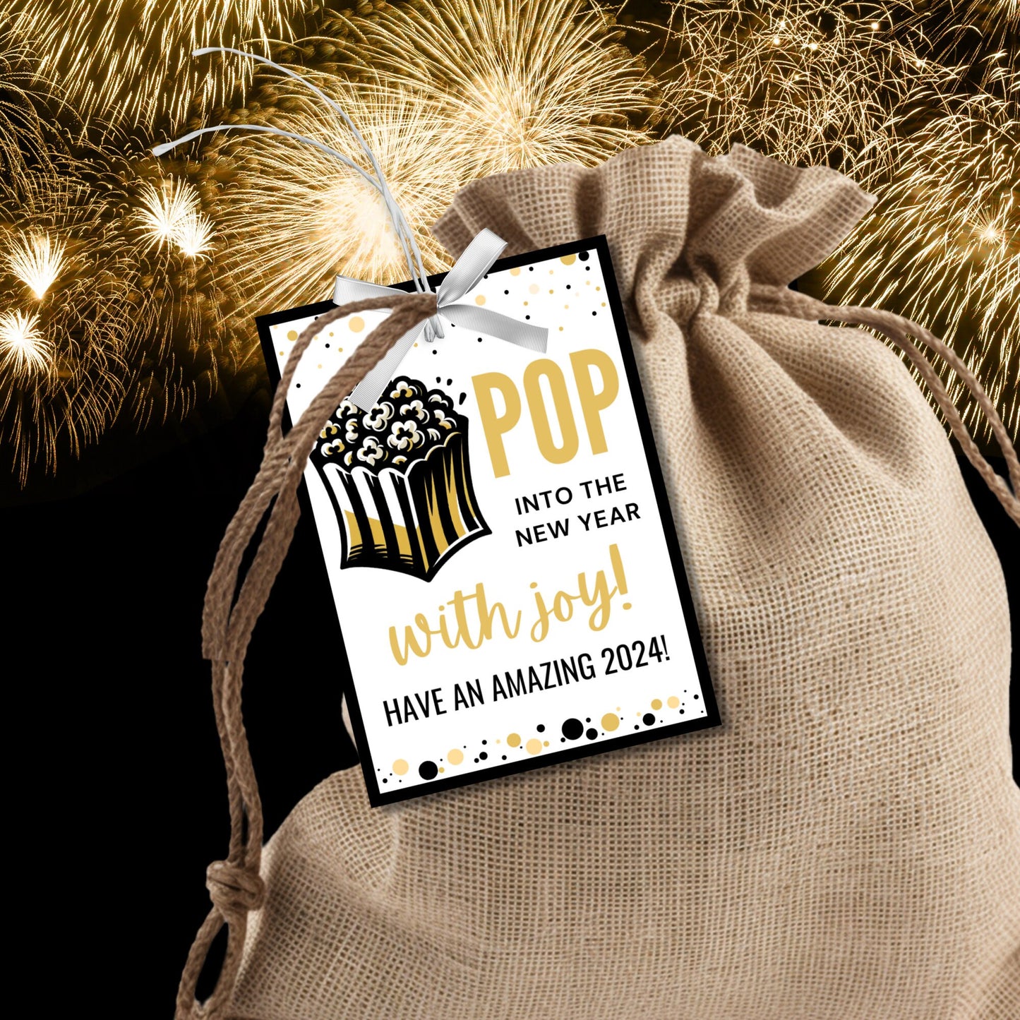 Popcorn Gift Tag, Pop Into the New Year, New Year Favor Tag, 2024 Gift Tag, Year Of The Dragon, Black & Gold