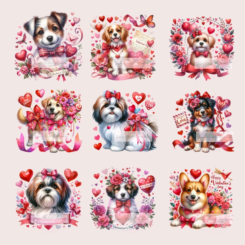 Valentine's Day Dog Clipart Bundle - 40 Unique Watercolor Puppy Illustrations for Crafting, Romantic Canine Art, Greeting Cards, Gifts