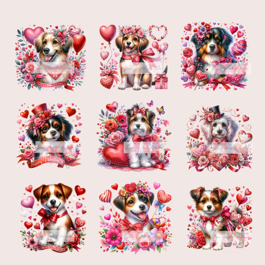 Valentine's Day Dog Clipart Bundle - 40 Unique Watercolor Puppy Illustrations for Crafting, Romantic Canine Art, Greeting Cards, Gifts
