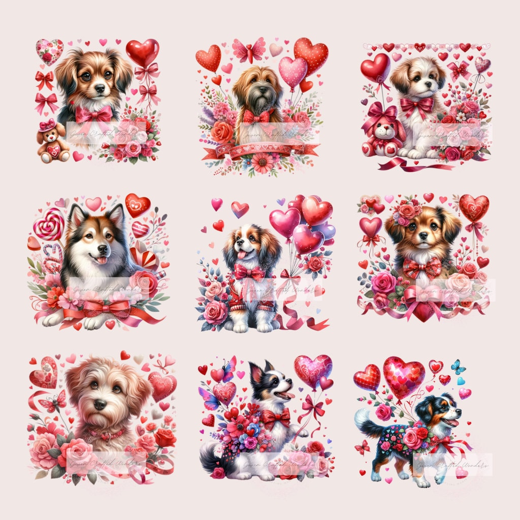 Valentine's Day Dog Clipart Bundle - 40 Unique Watercolor Puppy Illustrations for Crafting, Romantic Canine Art, Greeting Cards, Gifts