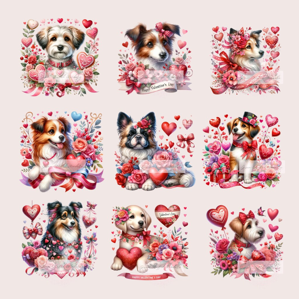 Valentine's Day Dog Clipart Bundle - 40 Unique Watercolor Puppy Illustrations for Crafting, Romantic Canine Art, Greeting Cards, Gifts