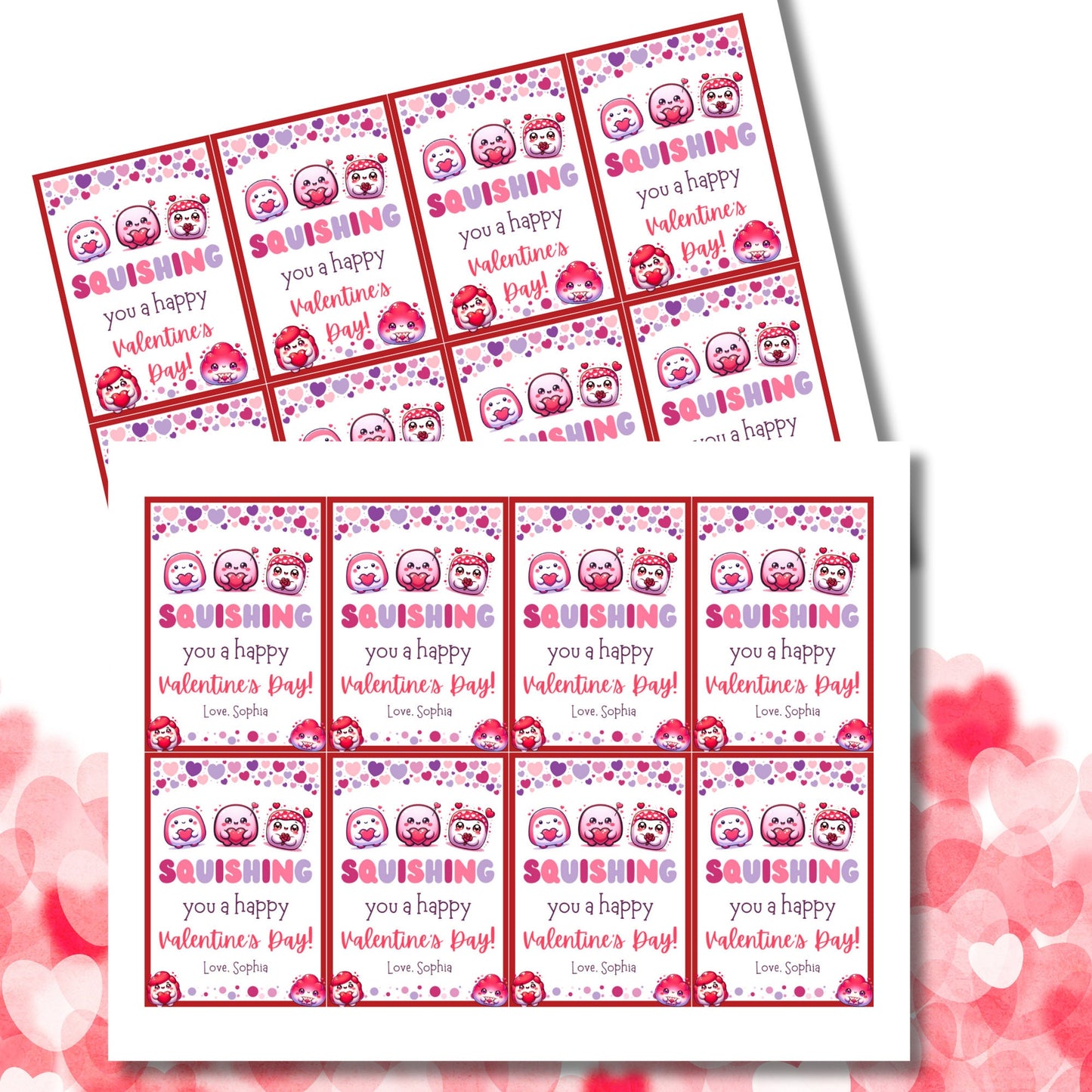 Kids Valentine Favor Tag | Squishing You a Happy Valentines | Squishmallow Valentine Printable | Valentine Class Favor & Gift Tags