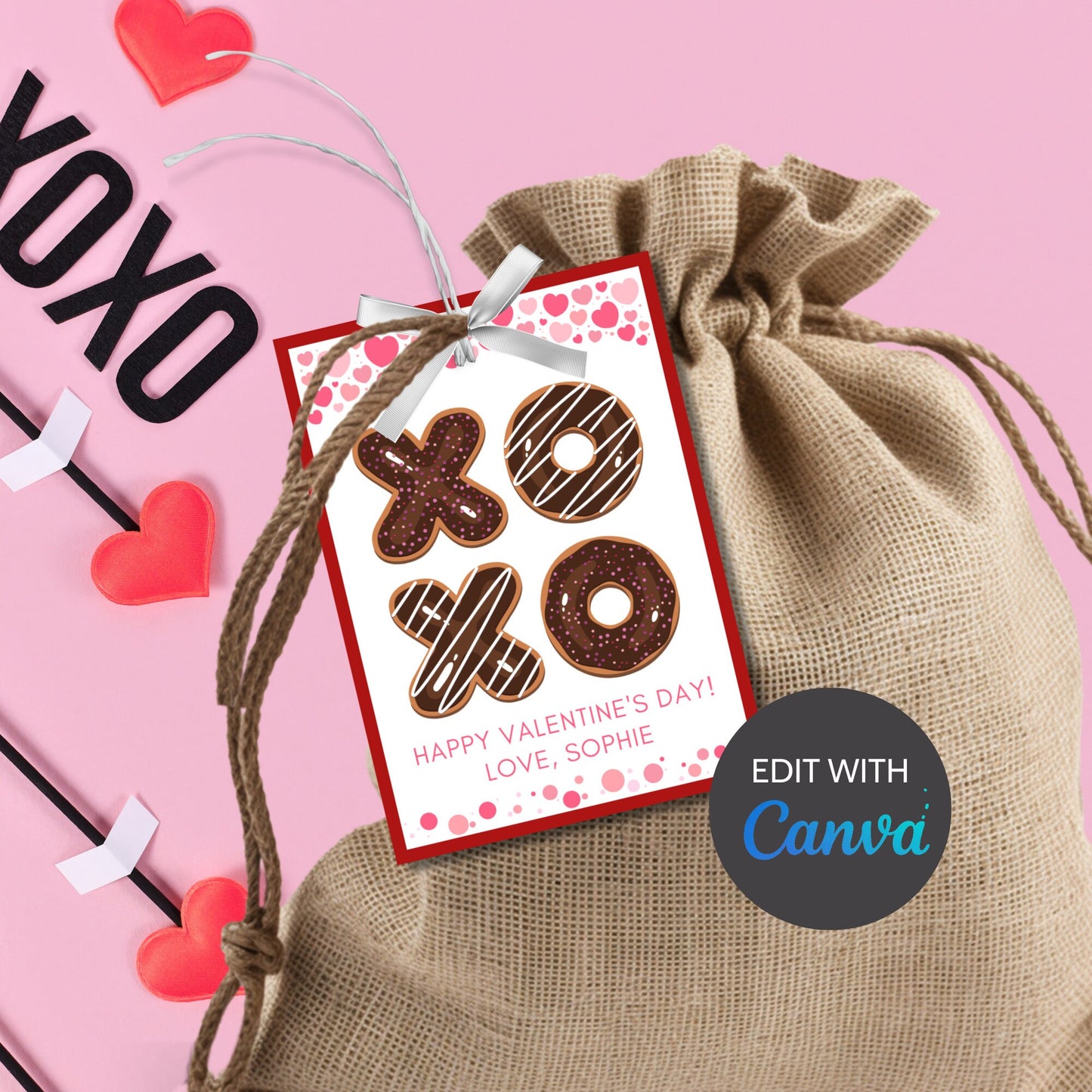 Printable XOXO Valentine Tag Card, Teacher Friend PTO Classroom Valentines, Valentine Treat Bag Tag, Editable with Canva, Instant Download