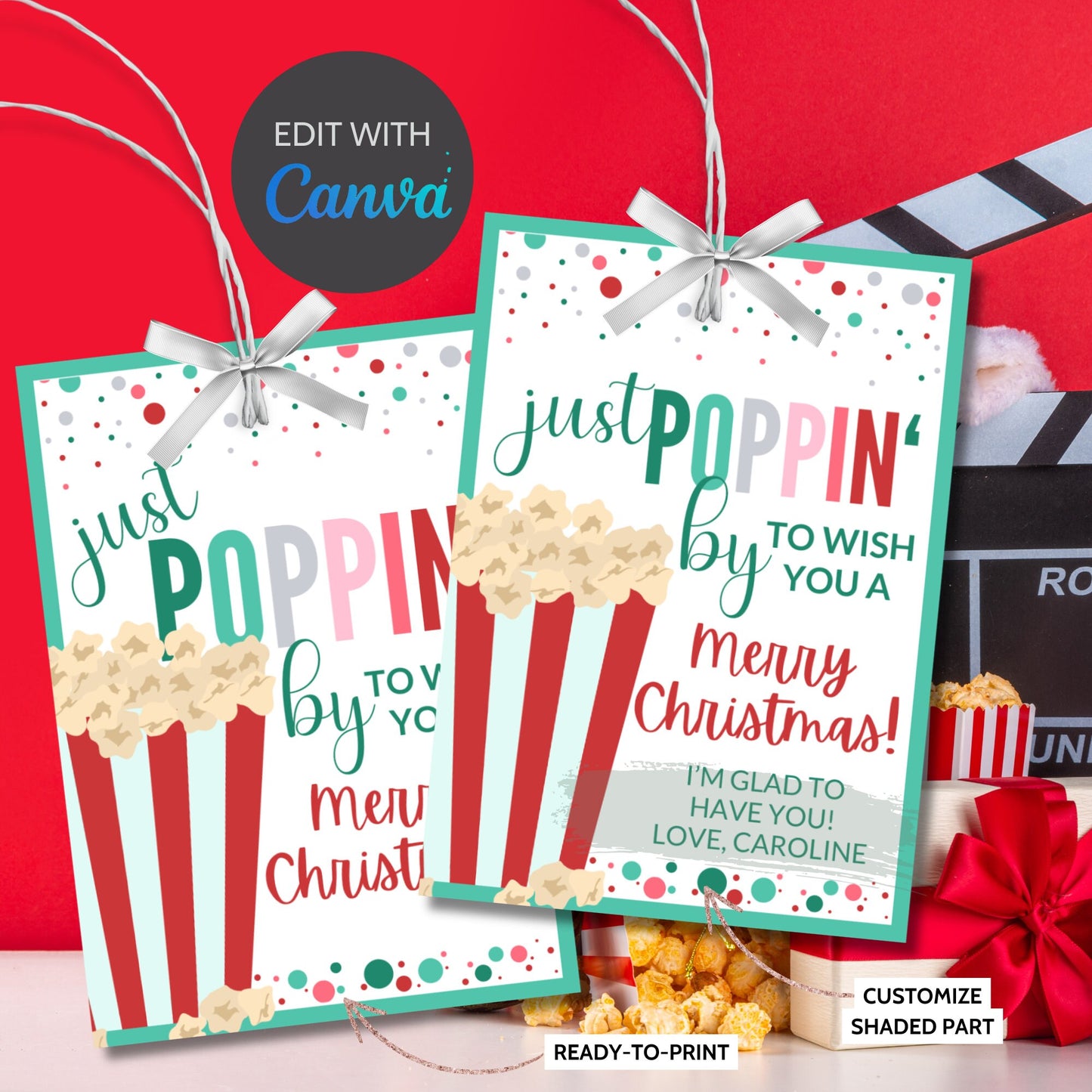 Popcorn Tags, Just Poppin By Gift Tag, Movie Lover Gift, Canva Template, Digital File, Popcorn Christmas, ust Poppin', Co Workers