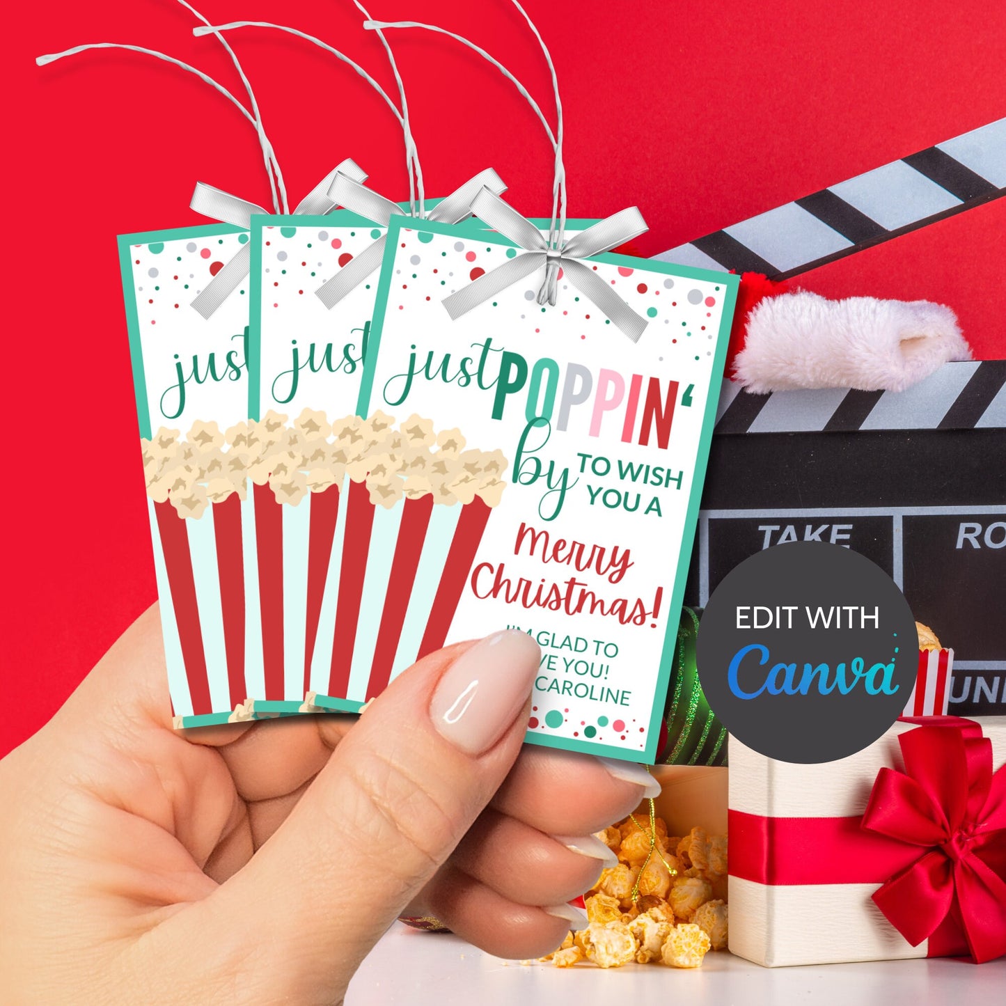 Popcorn Tags, Just Poppin By Gift Tag, Movie Lover Gift, Canva Template, Digital File, Popcorn Christmas, ust Poppin', Co Workers